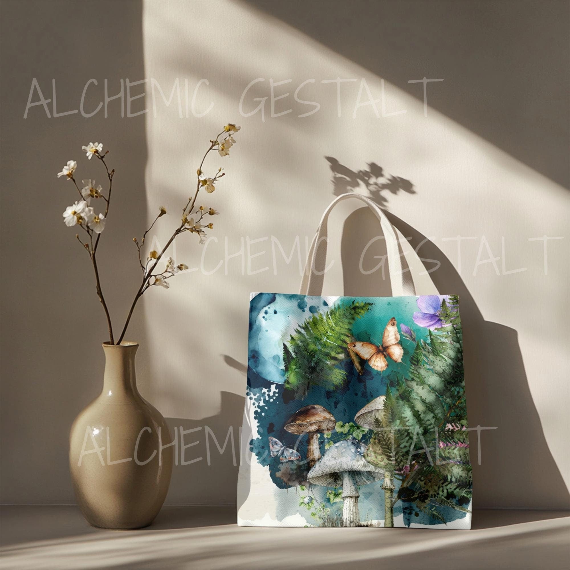 Watercolor Fern and Mushroom Tote Bag: Eco-Friendly Floral Shopping Bag