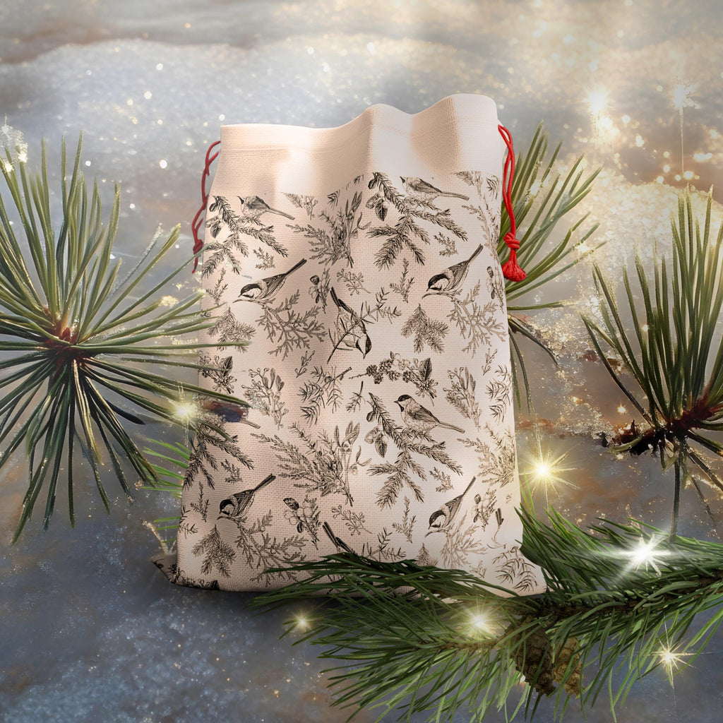Winter Woodland Birds Reusable Gift Bag | Large Fabric Drawstring Christmas Bag (19.7 x 26 in)