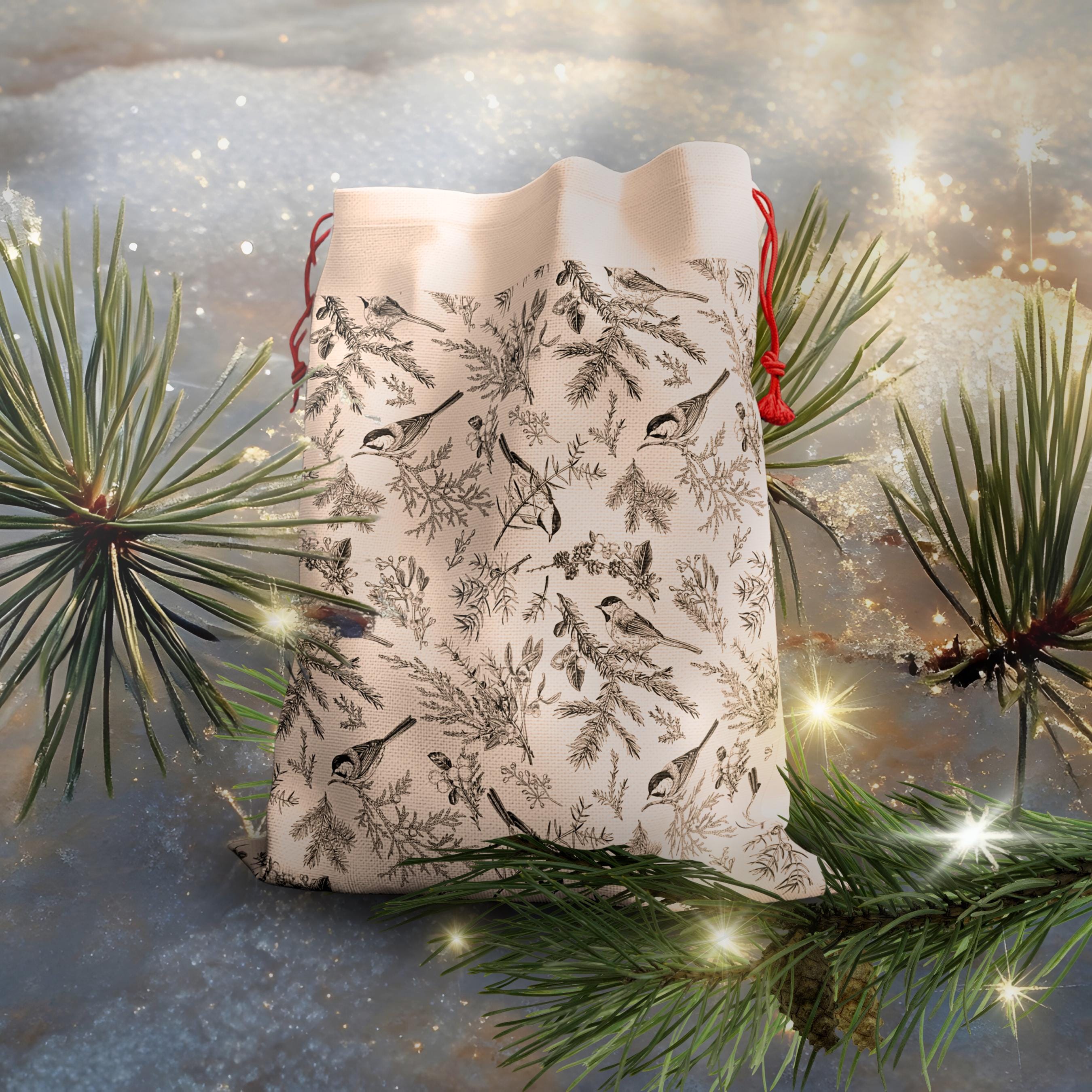 Winter Woodland Birds Reusable Gift Bag | Large Fabric Drawstring Christmas Bag (19.7 x 26 in)