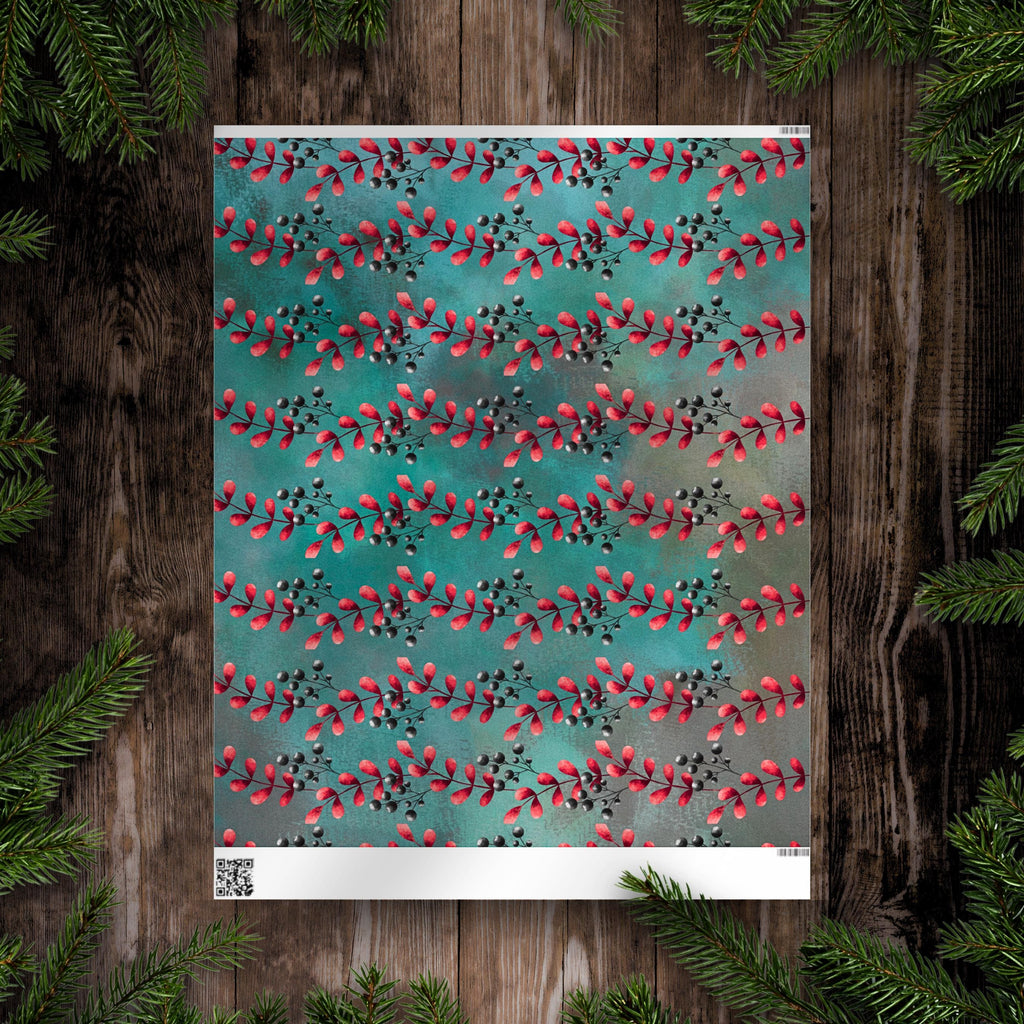 Winter Berry Holiday Wrapping Paper | Red Berries on Teal | Christmas Gift Wrap Sheets