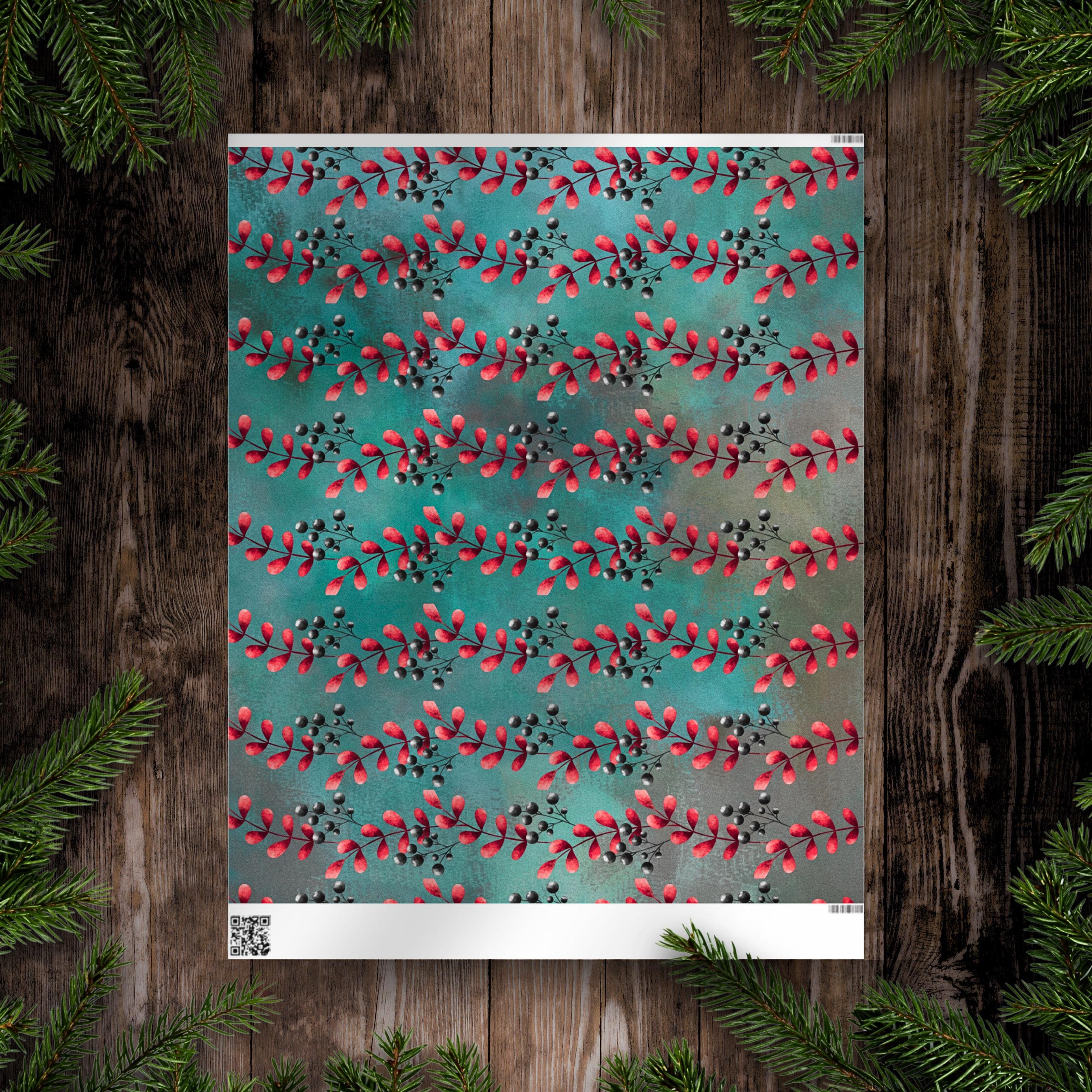 Winter Berry Holiday Wrapping Paper | Red Berries on Teal | Christmas Gift Wrap Sheets