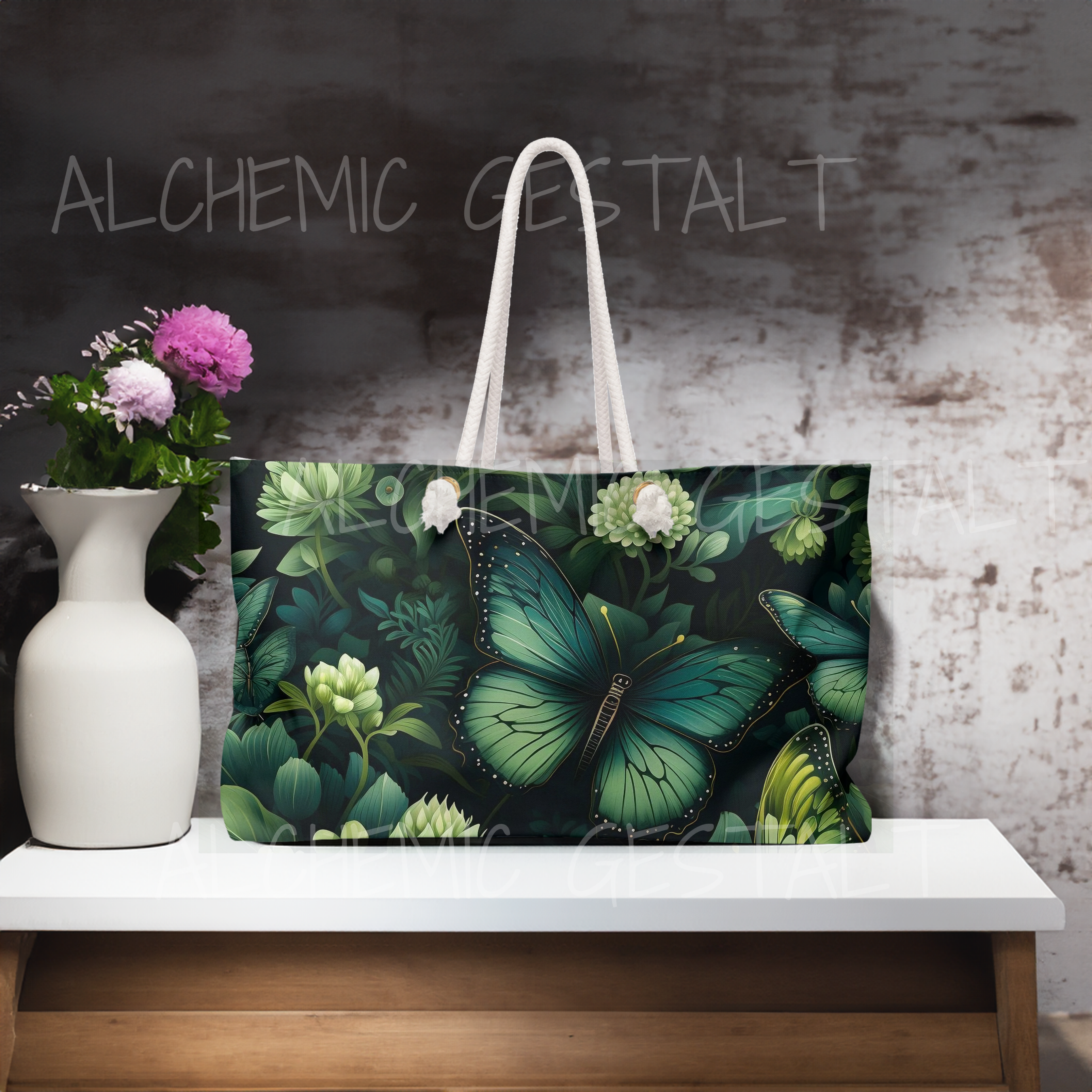 Botany of Wings Emerald Tote: Stylish Weekender Bag for trips and getaways. Spacious, nature-inspired, perfect for travel lovers!