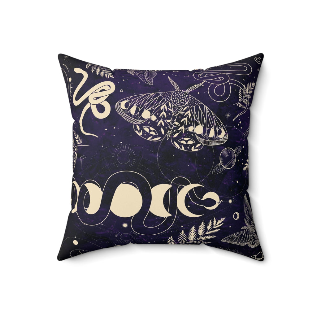 Mystical Nature Square Pillow, Elegant Home Decor, Butterfly and Snake Design, for Garden Lovers, Boho Aesthetic, Gift Idea