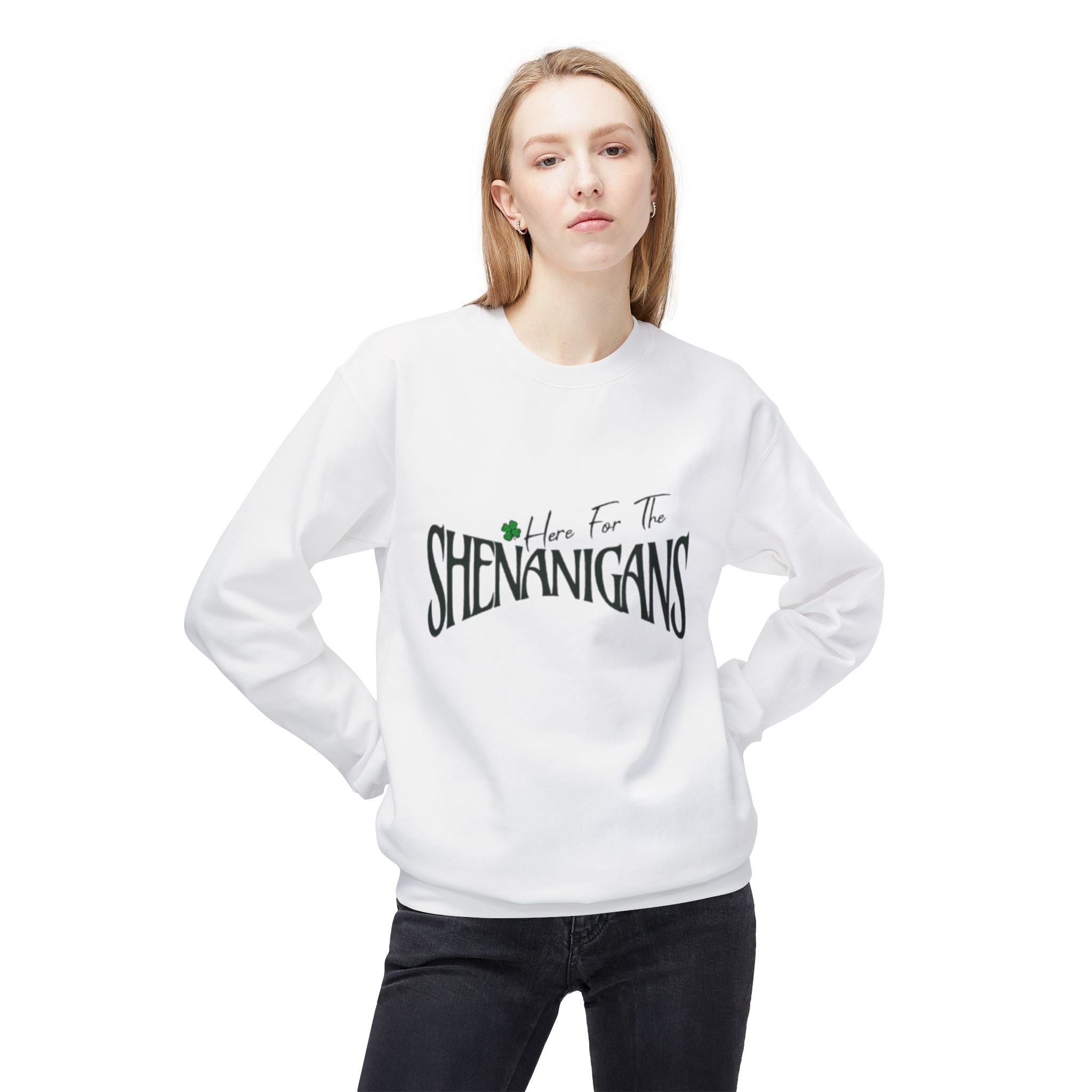 St. Patrick's Day Sweatshirt, Here for the Shenanigans Crewneck Sweater, Green Fleece Pullover, Casual Gift for Friends, Holiday Apparel