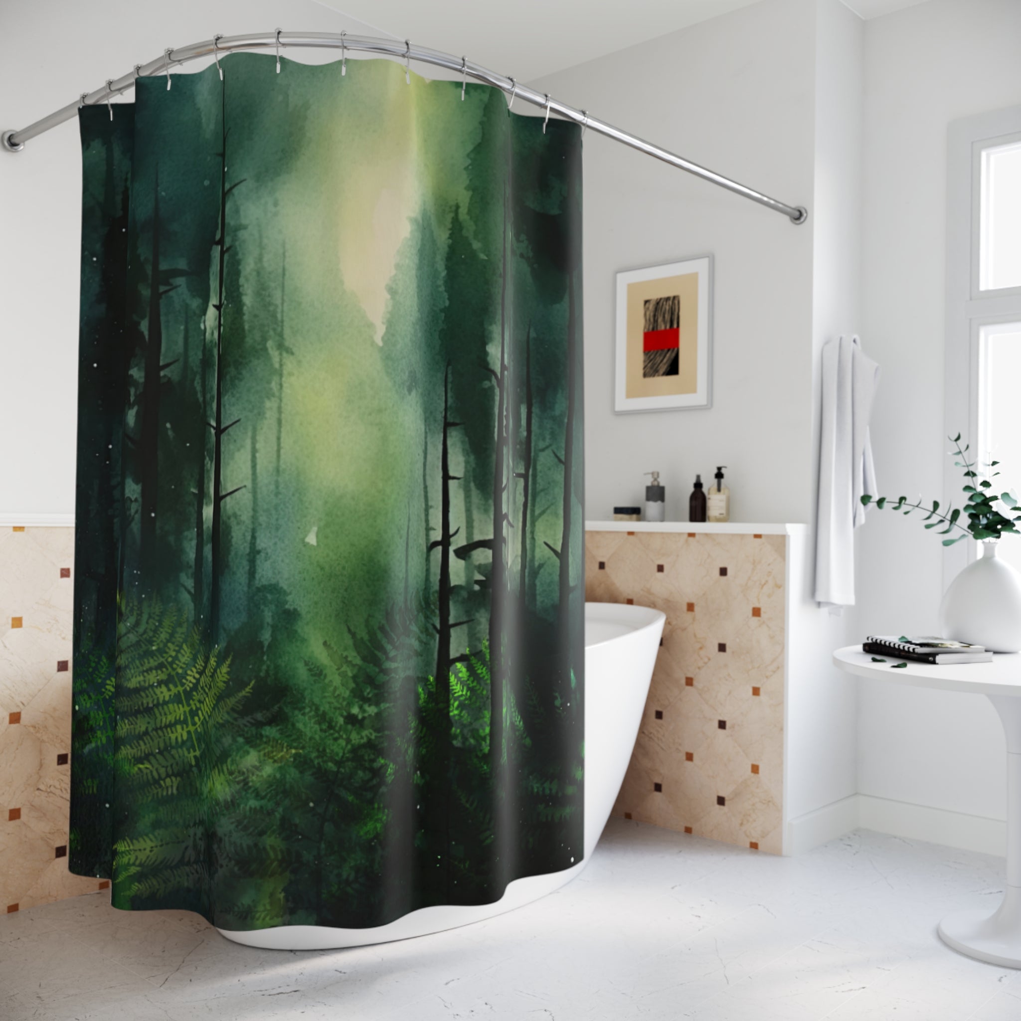 Forest Dream Shower Curtain - Nature-Inspired Woodland Theme, Relaxing Spa Vibe, Green Eco-Friendly Bathroom Decor, Forest Core Style