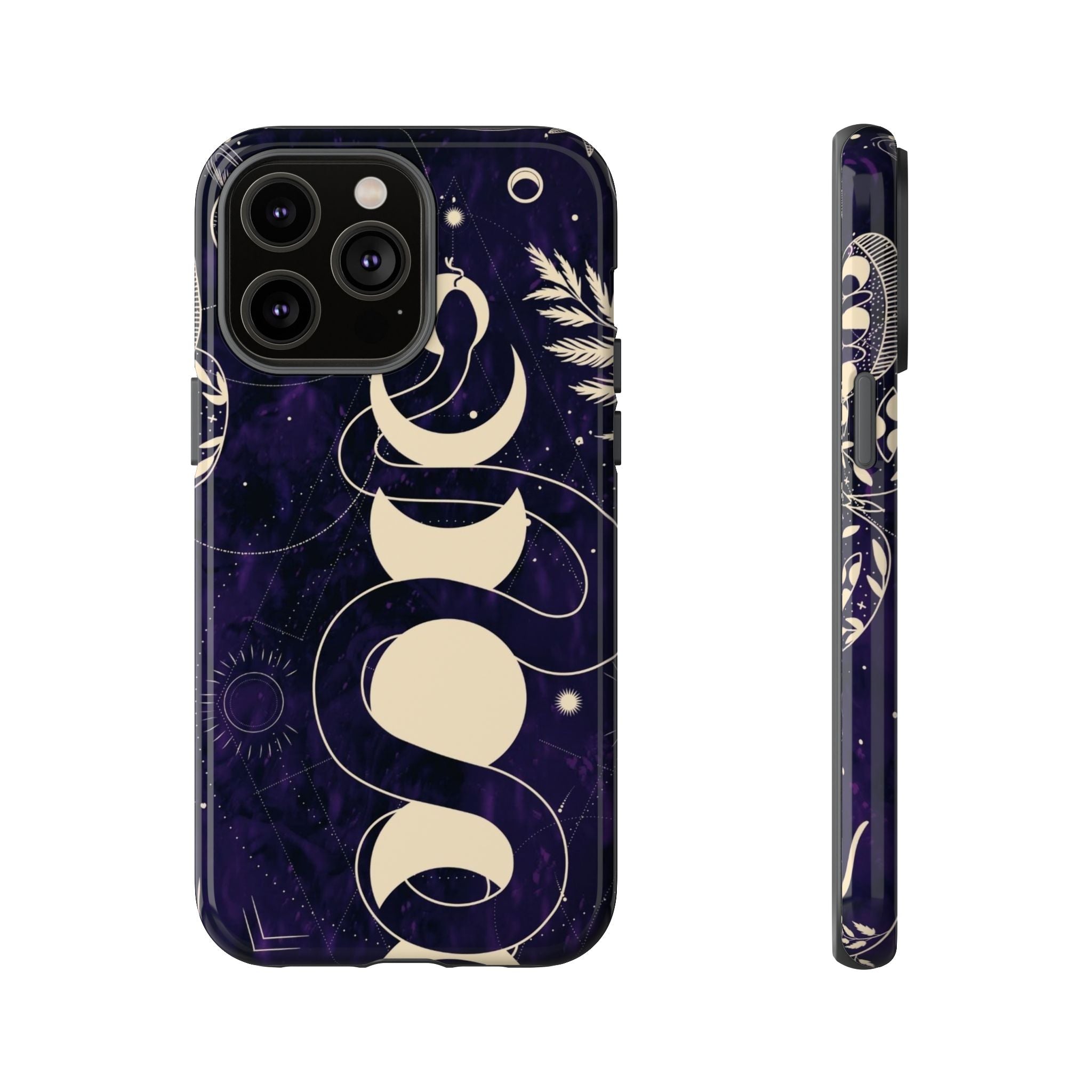 Dark Violet Phone Case with Lunar Phases, Snake & Cosmic Motifs | Durable and Stylish, Perfect for Astrology Lovers