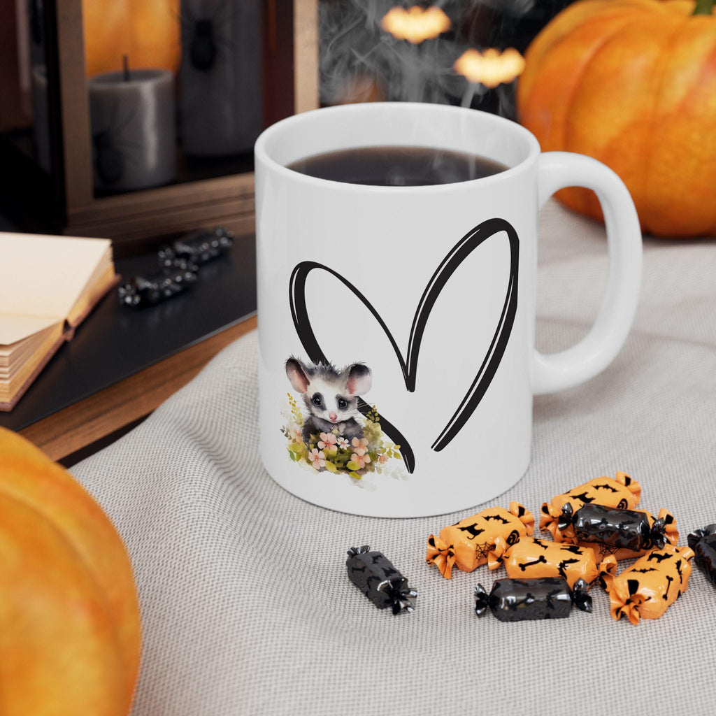 Opossum Floral Heart Ceramic Mug - Wildlife Lover Gift