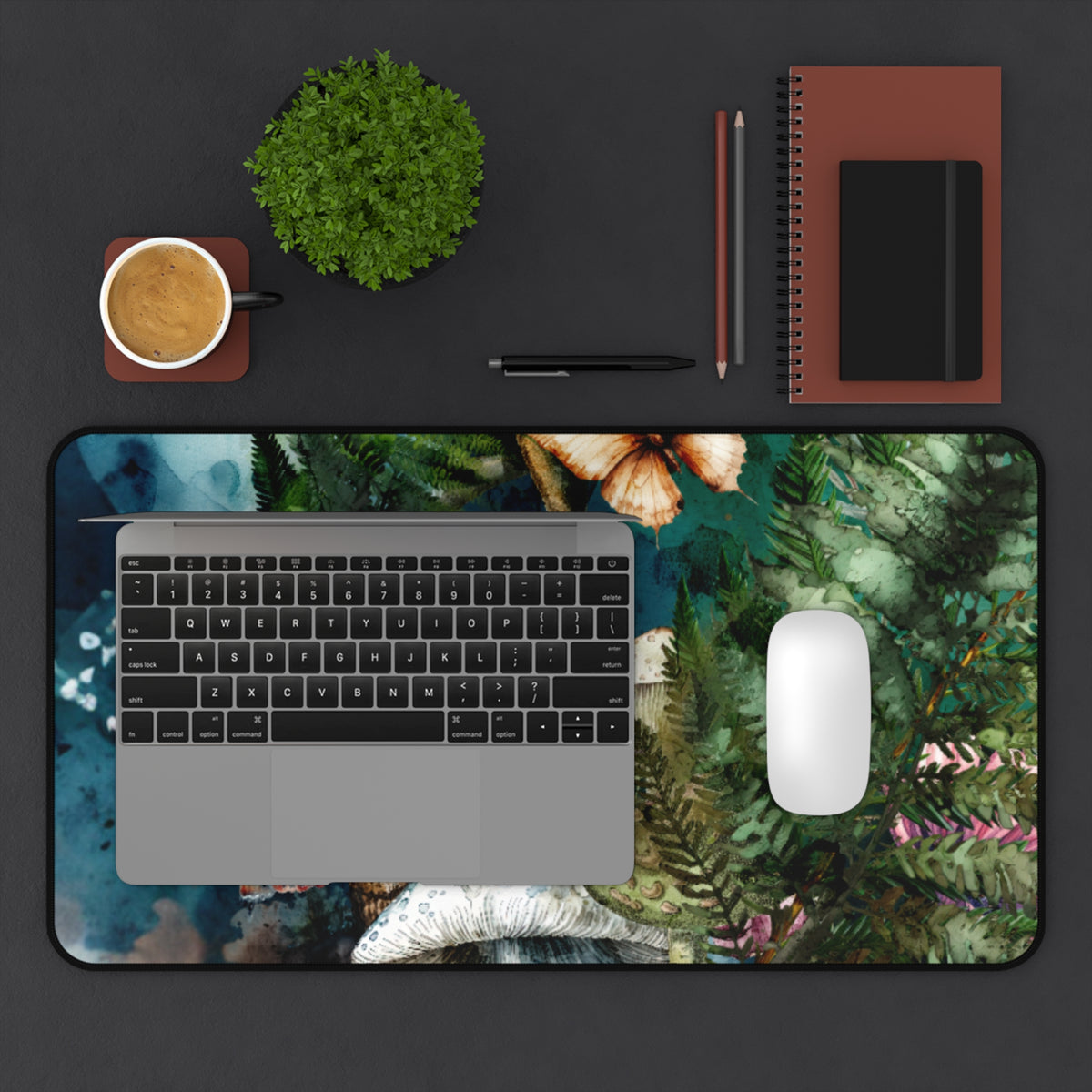 Mushroom Forest Desk Mat – Botanical Mouse Pad with Ferns & Butterflies