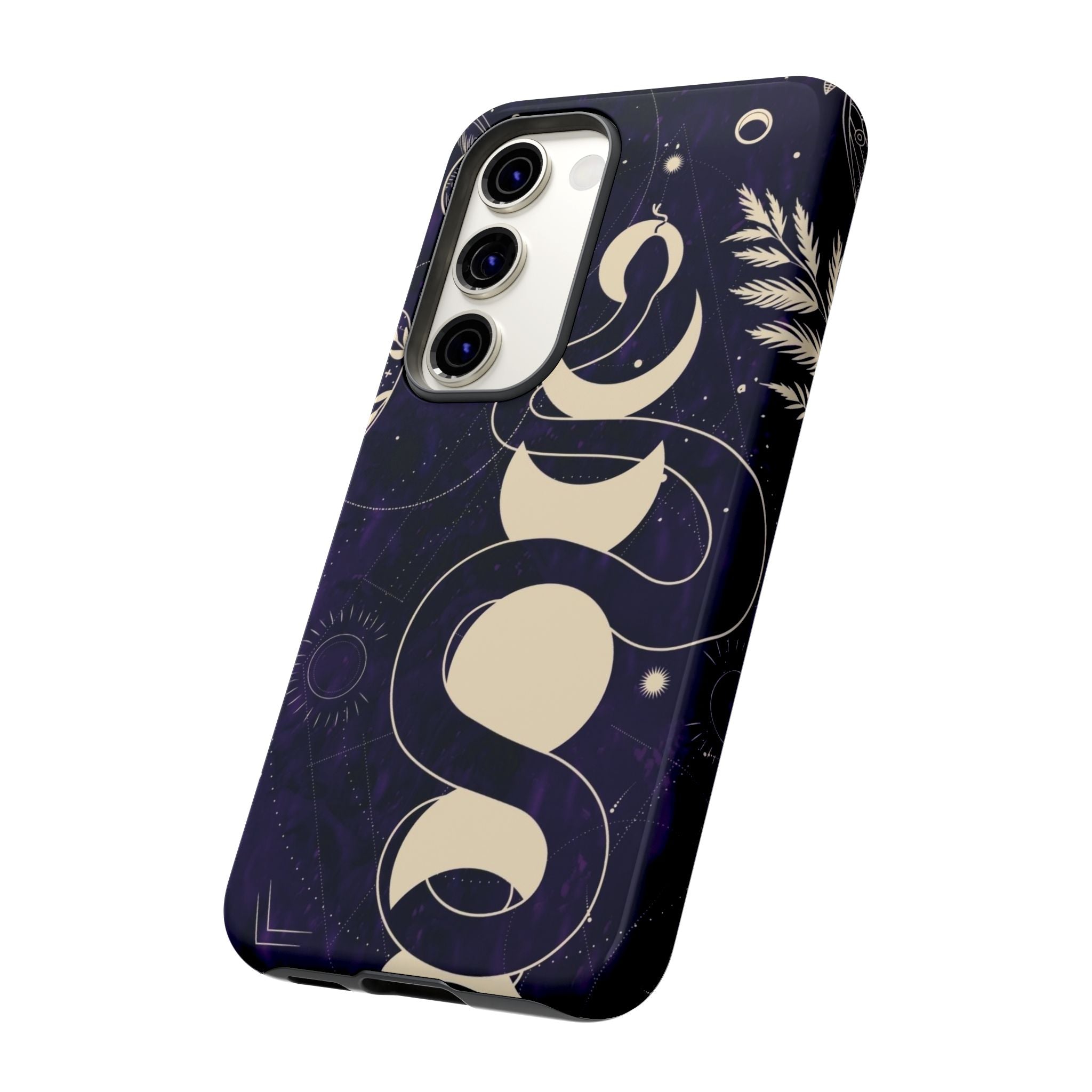 Dark Violet Phone Case with Lunar Phases, Snake & Cosmic Motifs | Durable and Stylish, Perfect for Astrology Lovers