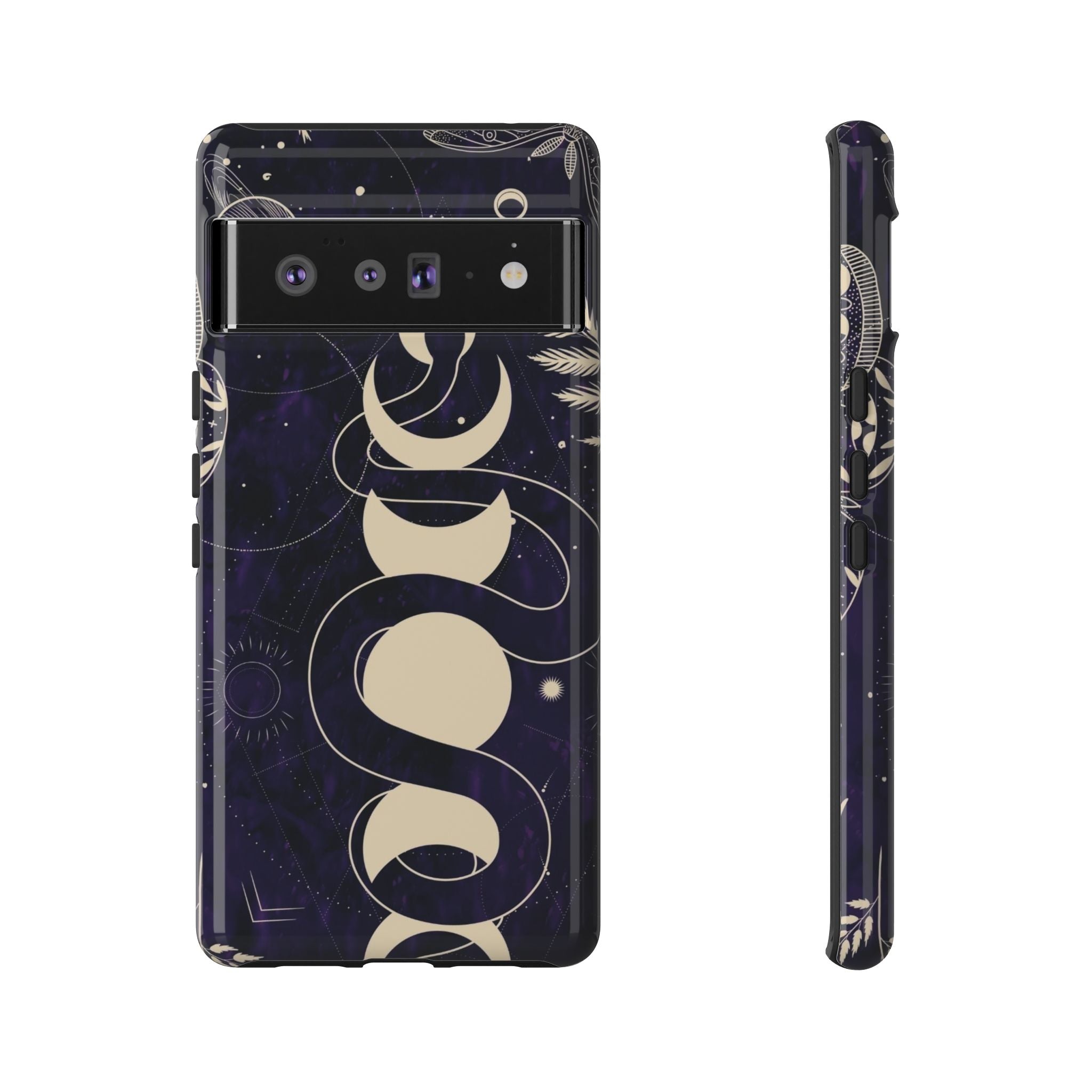 Dark Violet Phone Case with Lunar Phases, Snake & Cosmic Motifs | Durable and Stylish, Perfect for Astrology Lovers