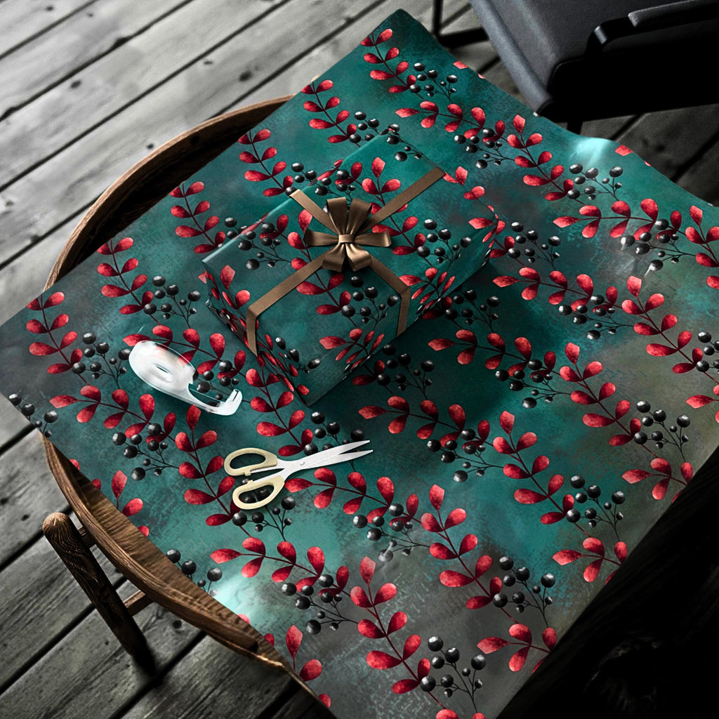 Winter Berry Holiday Wrapping Paper | Red Berries on Teal | Christmas Gift Wrap Sheets