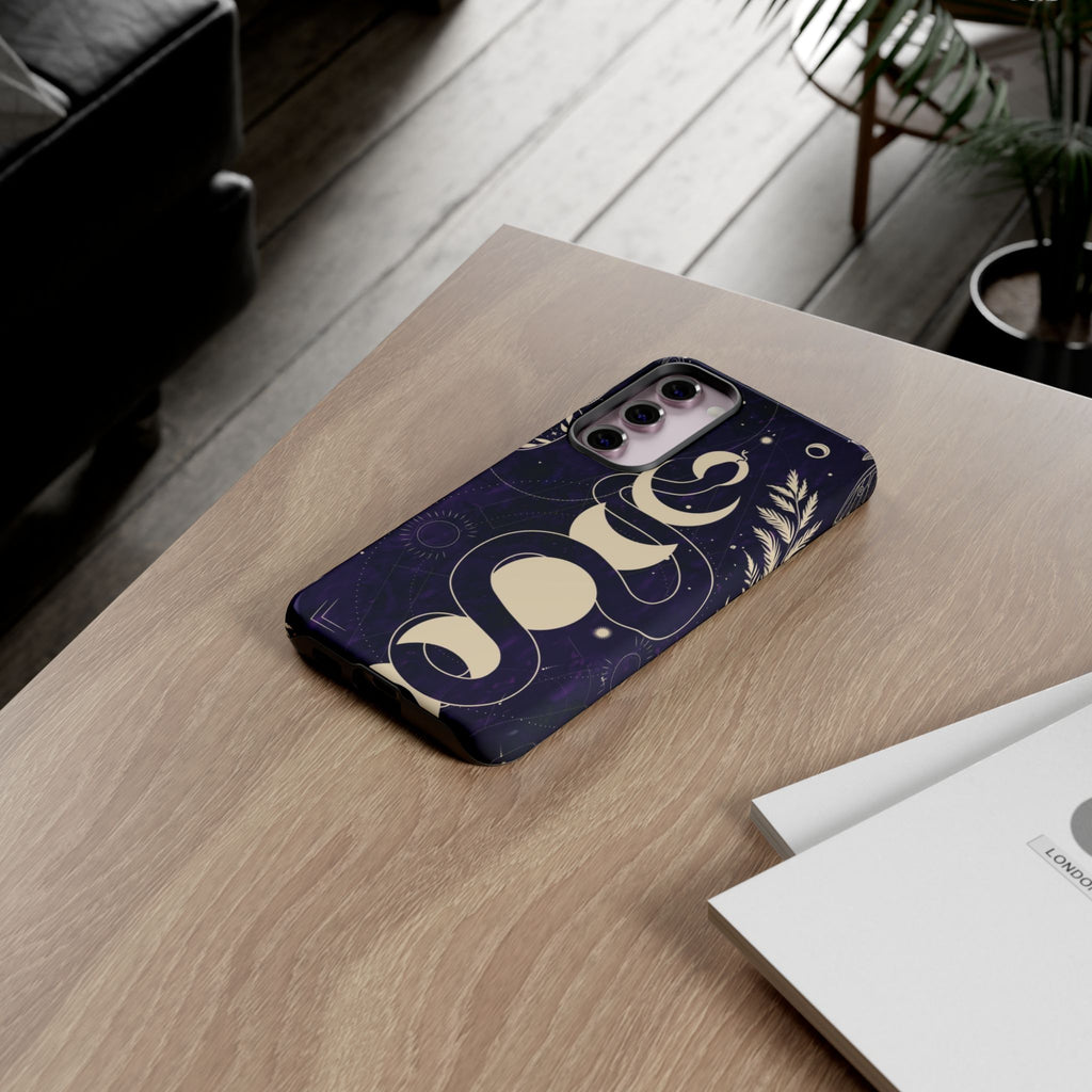 Dark Violet Phone Case with Lunar Phases, Snake & Cosmic Motifs | Durable and Stylish, Perfect for Astrology Lovers