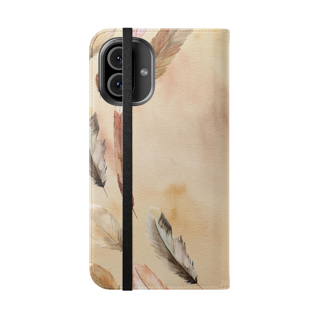 Feathers Flip Case, Phone Case, Protective Cover, Faux Leather Stand Feature Card & Cash Storage, Vibrant Colors, Stylish and Practical