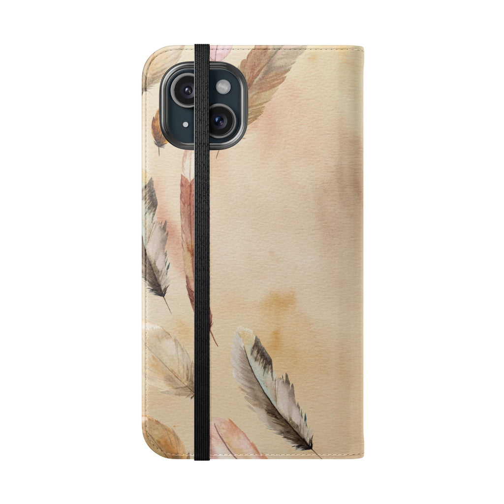 Feathers Flip Case, Phone Case, Protective Cover, Faux Leather Stand Feature Card & Cash Storage, Vibrant Colors, Stylish and Practical