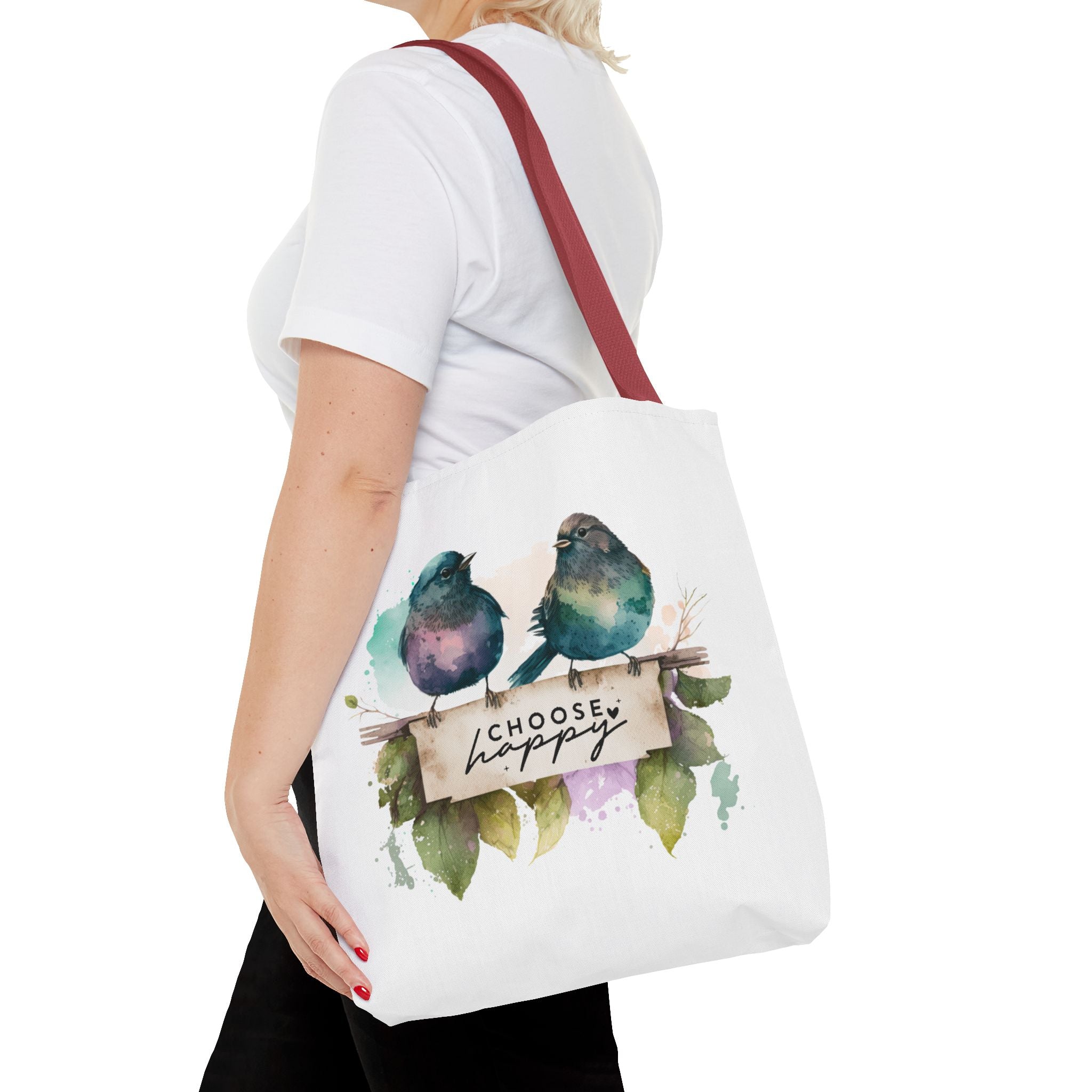 Cheerful Bird Design Tote Bag - Choose Happy Watercolor Print - 3 Sizes Available | Bird Lover Gift Idea |  Whimsical Birds Versatile Tote