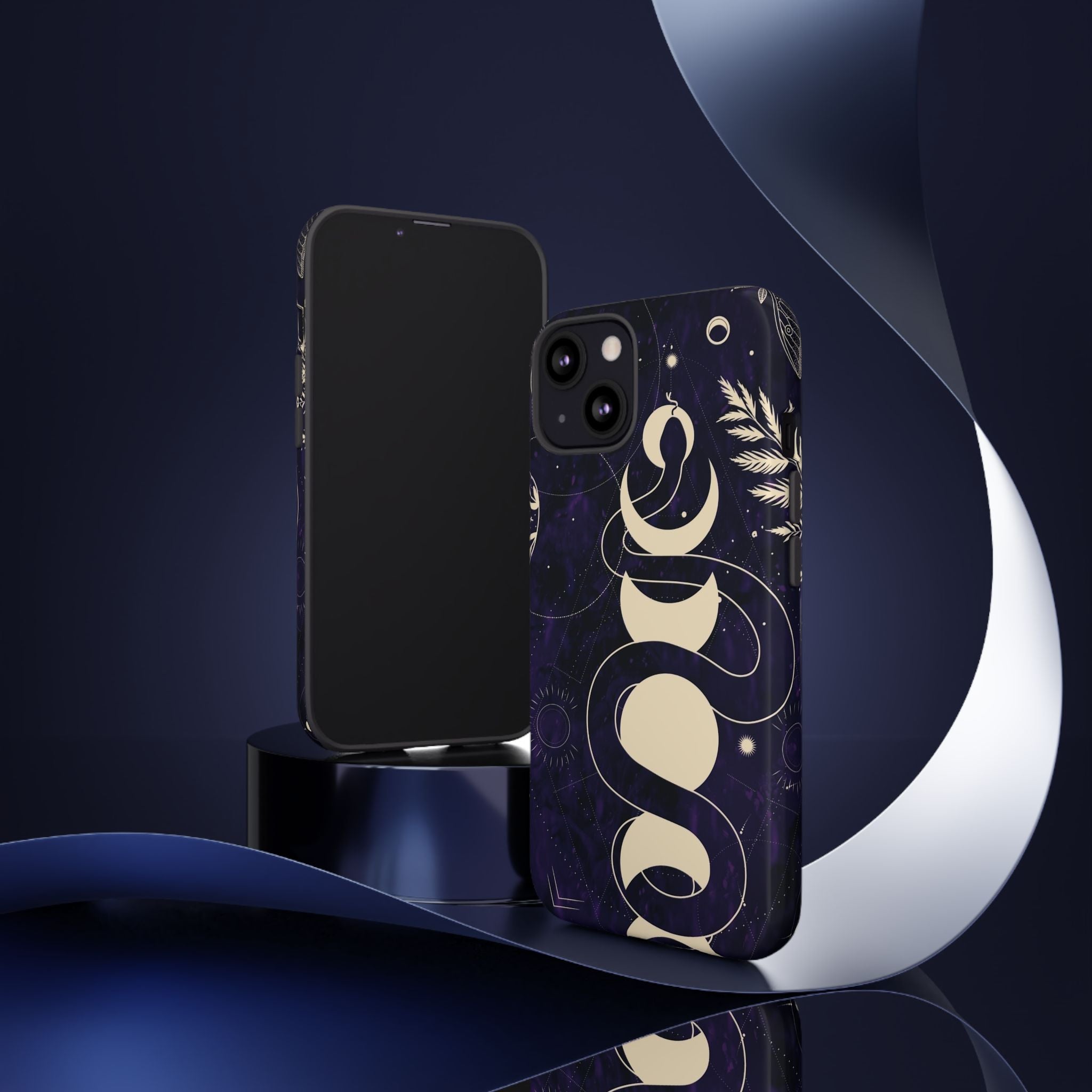 Dark Violet Phone Case with Lunar Phases, Snake & Cosmic Motifs | Durable and Stylish, Perfect for Astrology Lovers