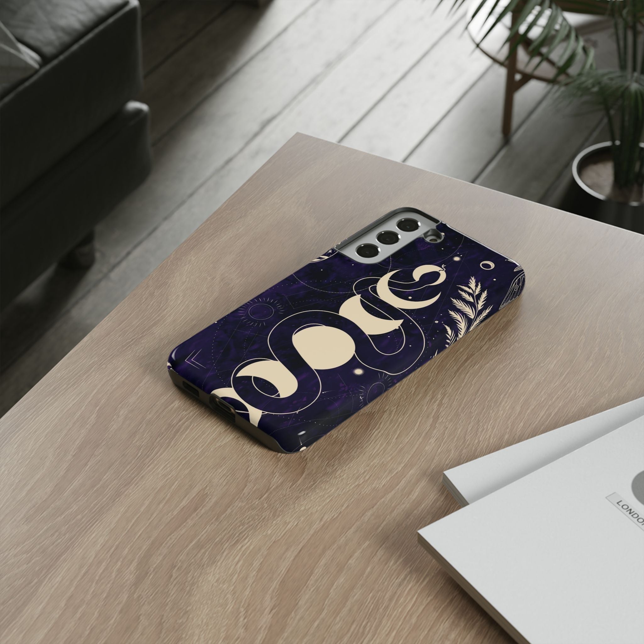 Dark Violet Phone Case with Lunar Phases, Snake & Cosmic Motifs | Durable and Stylish, Perfect for Astrology Lovers