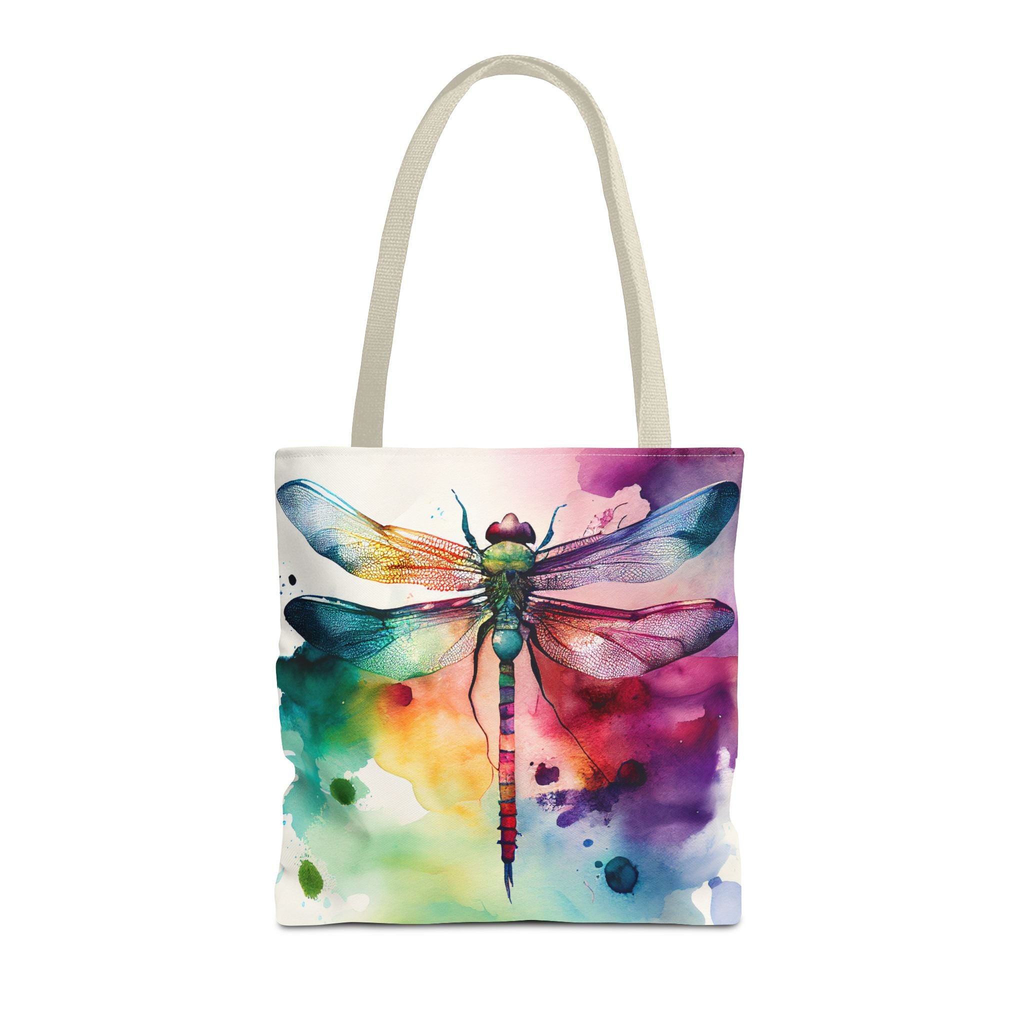 Dragonfly Watercolor Tote Bag, Colorful AOP Tote, Three Sizes, 5 Handle Colors, Nature Lover Gift, Eco-friendly Reusable Bag, Beach Bag,