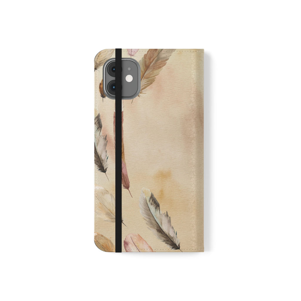 Feathers Flip Case, Phone Case, Protective Cover, Faux Leather Stand Feature Card & Cash Storage, Vibrant Colors, Stylish and Practical