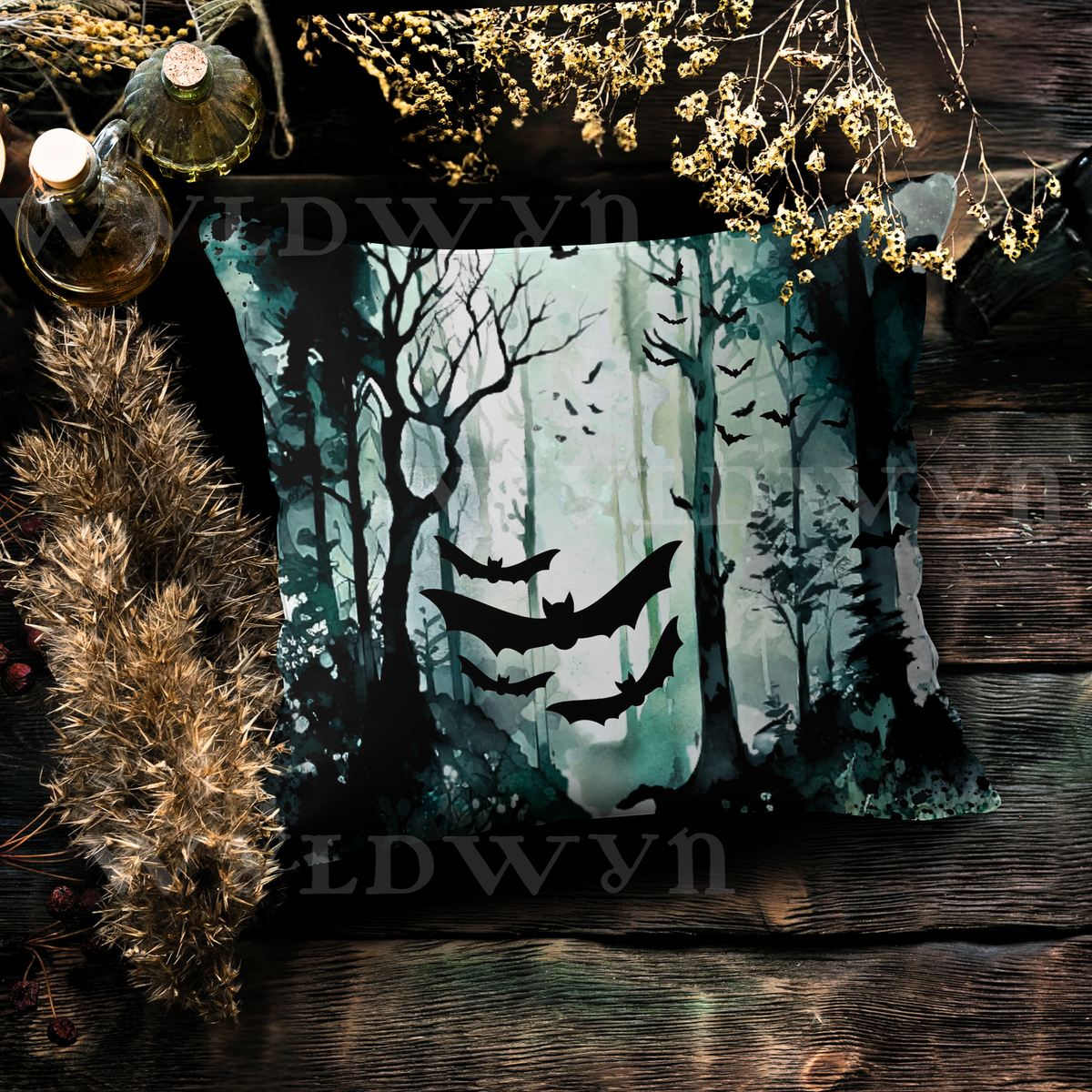 Gothic Bat Forest Faux Suede Pillow