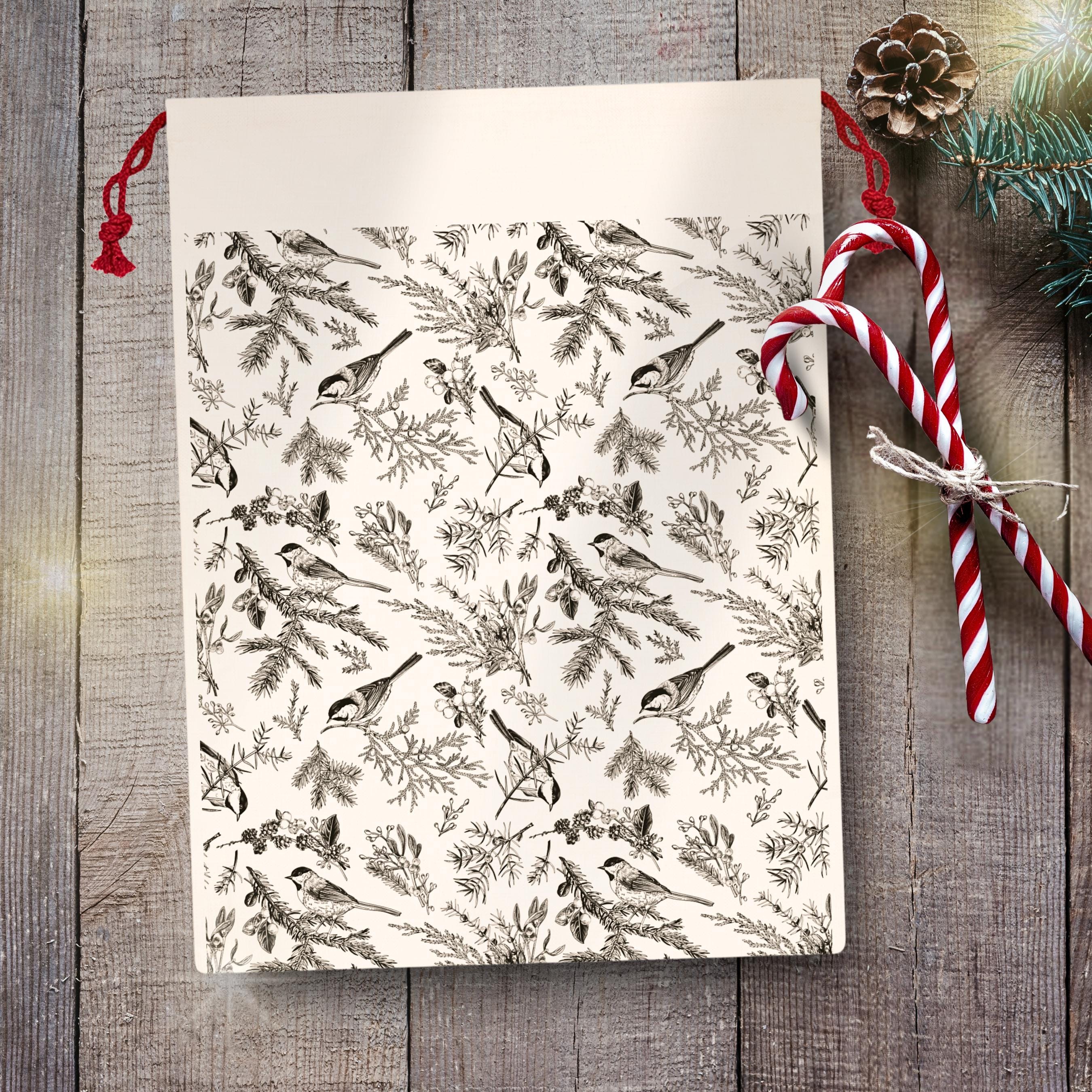 Winter Woodland Birds Reusable Gift Bag | Large Fabric Drawstring Christmas Bag (19.7 x 26 in)