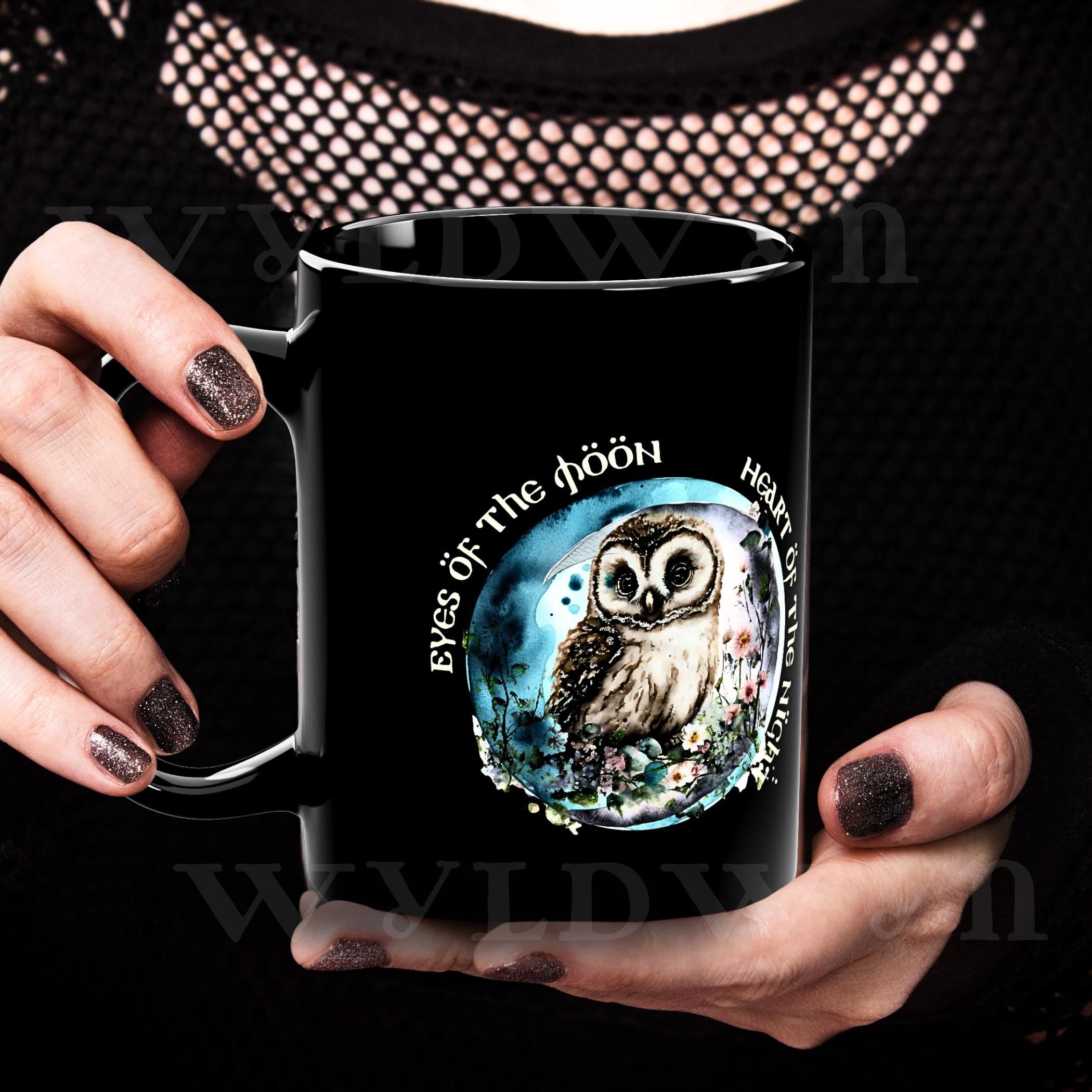 Mystic Owl Moon Mug: Black Ceramic Gothic Cottagecore Cup