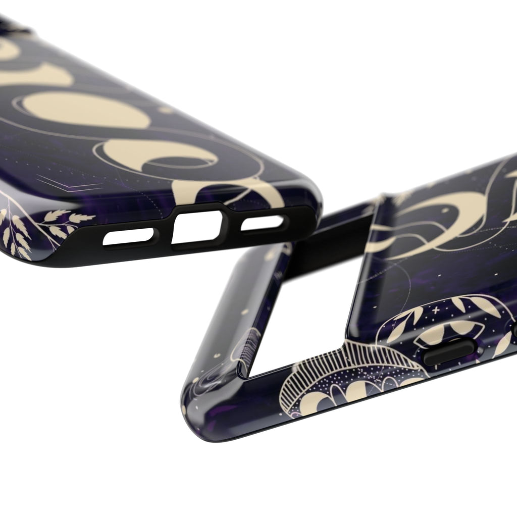 Dark Violet Phone Case with Lunar Phases, Snake & Cosmic Motifs | Durable and Stylish, Perfect for Astrology Lovers