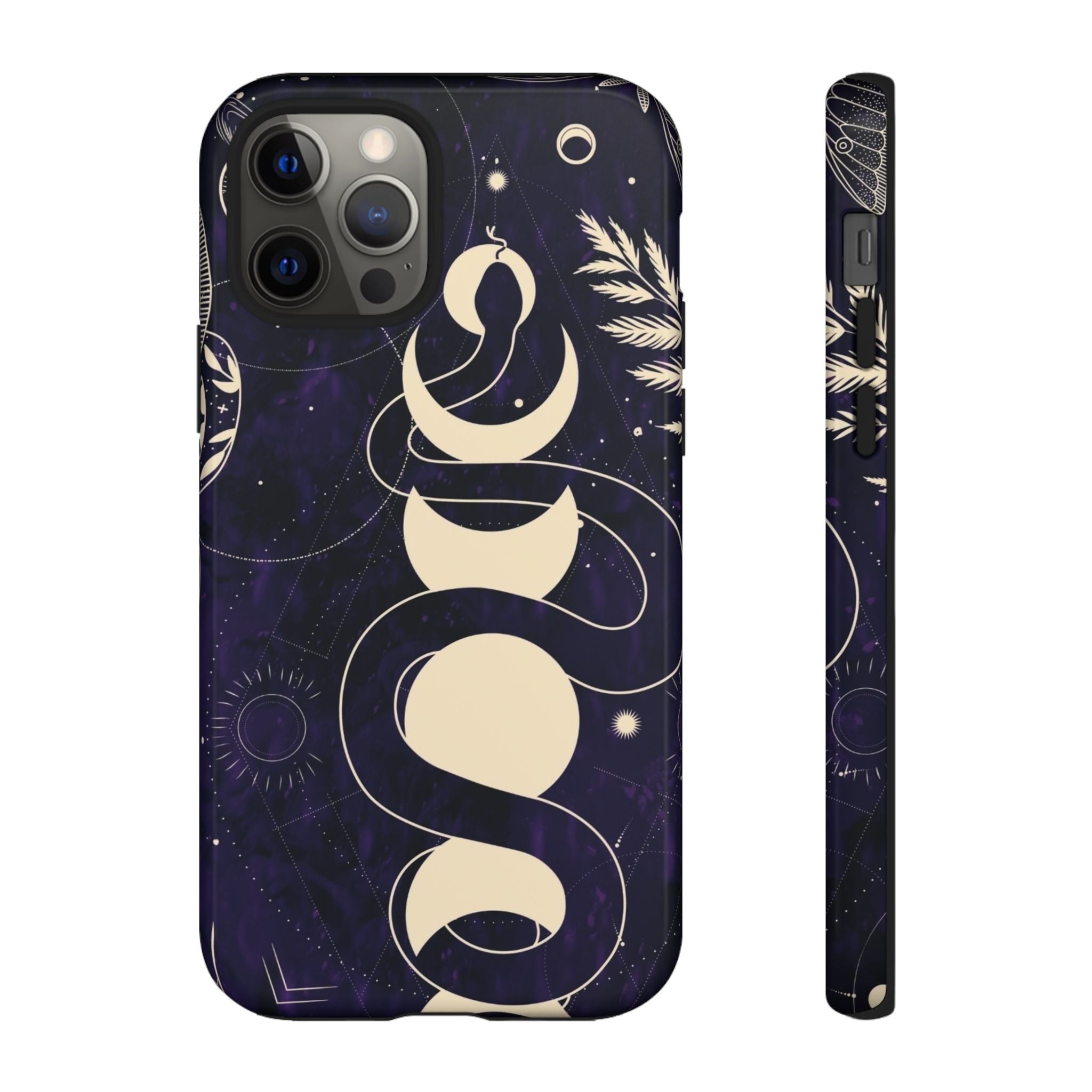 Dark Violet Phone Case with Lunar Phases, Snake & Cosmic Motifs | Durable and Stylish, Perfect for Astrology Lovers