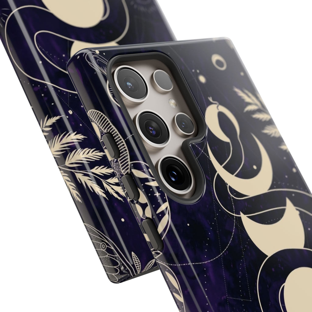 Dark Violet Phone Case with Lunar Phases, Snake & Cosmic Motifs | Durable and Stylish, Perfect for Astrology Lovers