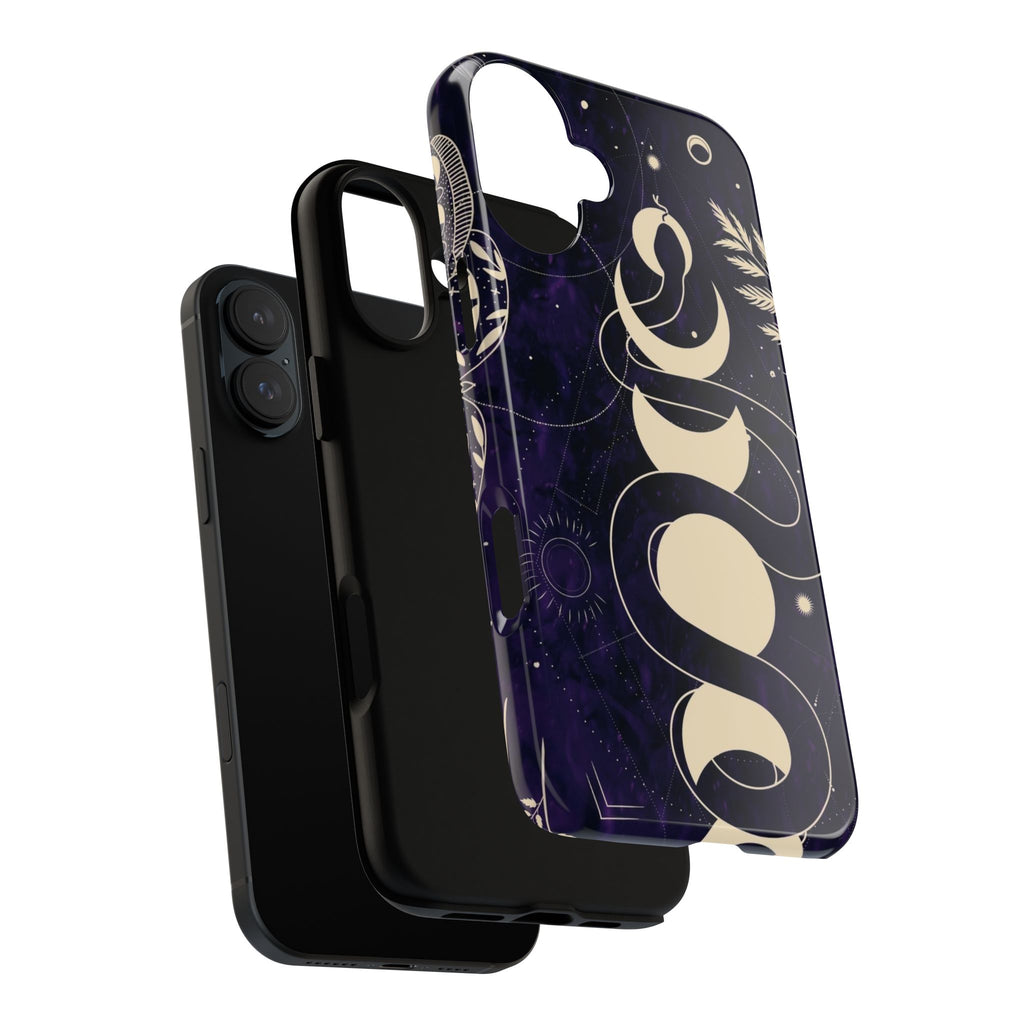 Dark Violet Phone Case with Lunar Phases, Snake & Cosmic Motifs | Durable and Stylish, Perfect for Astrology Lovers