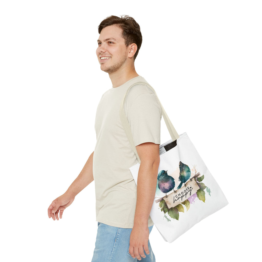 Cheerful Bird Design Tote Bag - Choose Happy Watercolor Print - 3 Sizes Available | Bird Lover Gift Idea |  Whimsical Birds Versatile Tote