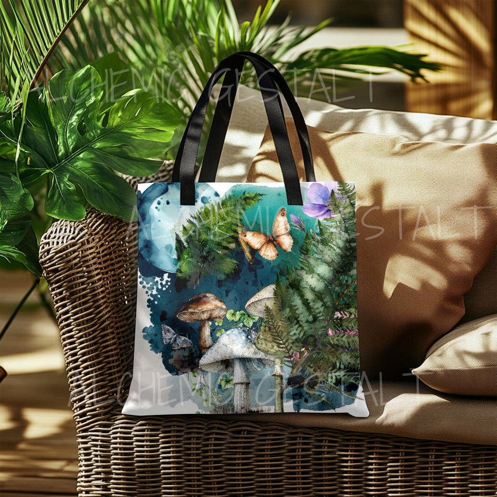 Watercolor Fern and Mushroom Tote Bag: Eco-Friendly Floral Shopping Bag