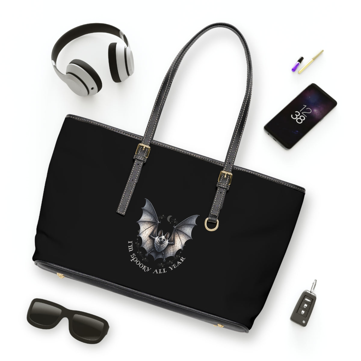 Shoulder Bag: Bat Illustration PU Leather  | Spooky Bat Design