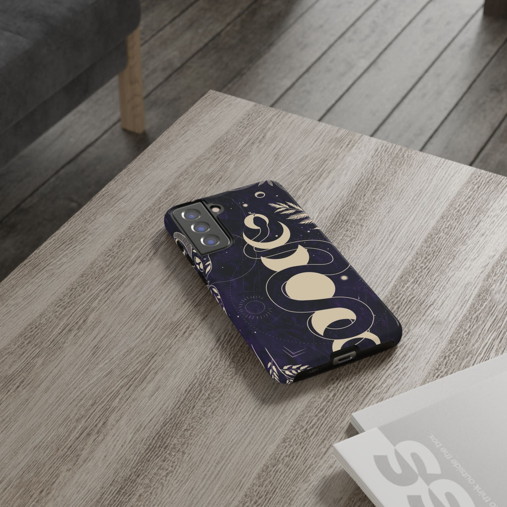 Dark Violet Phone Case with Lunar Phases, Snake & Cosmic Motifs | Durable and Stylish, Perfect for Astrology Lovers