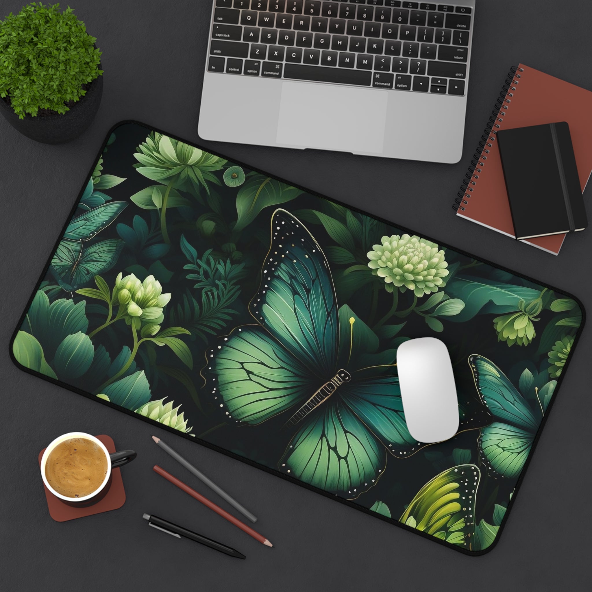 Botany of Wings Emerald Desk Mat: Vibrant neoprene mat in 3 sizes, Dark Butterfly Print
