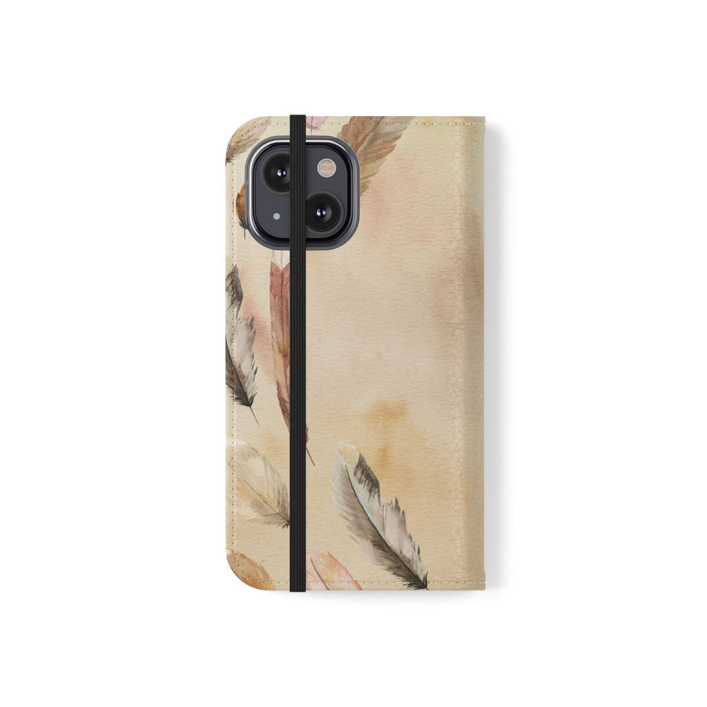 Feathers Flip Case, Phone Case, Protective Cover, Faux Leather Stand Feature Card & Cash Storage, Vibrant Colors, Stylish and Practical