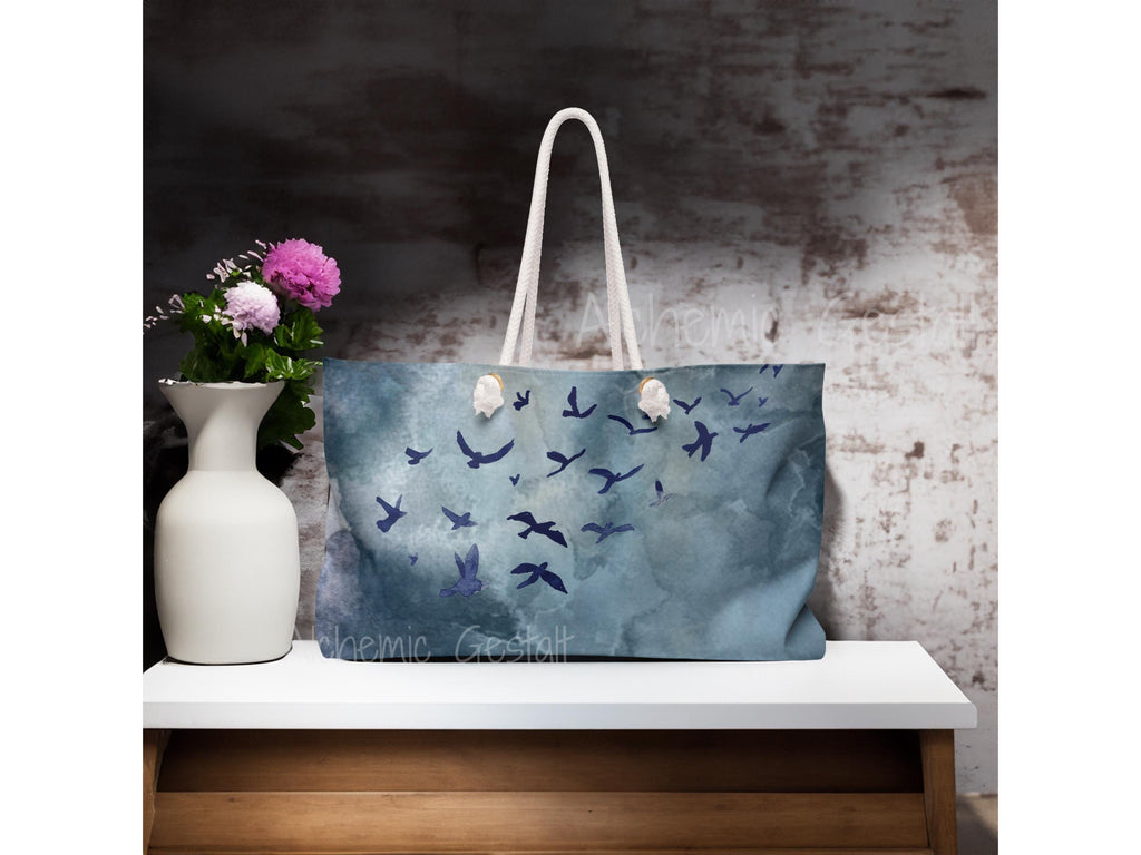 Blue Birds Weekender Bag: Watercolor Travel Tote, Stylish Luggage