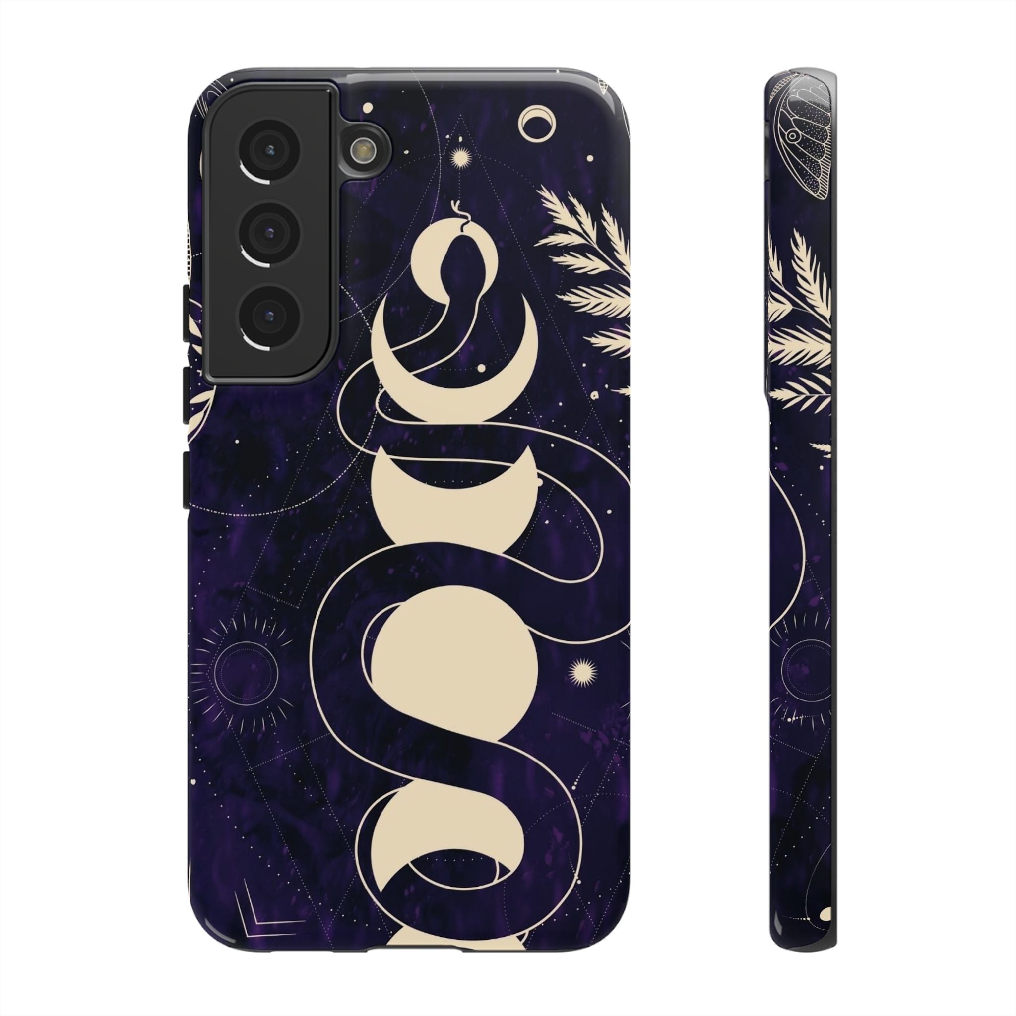 Dark Violet Phone Case with Lunar Phases, Snake & Cosmic Motifs | Durable and Stylish, Perfect for Astrology Lovers