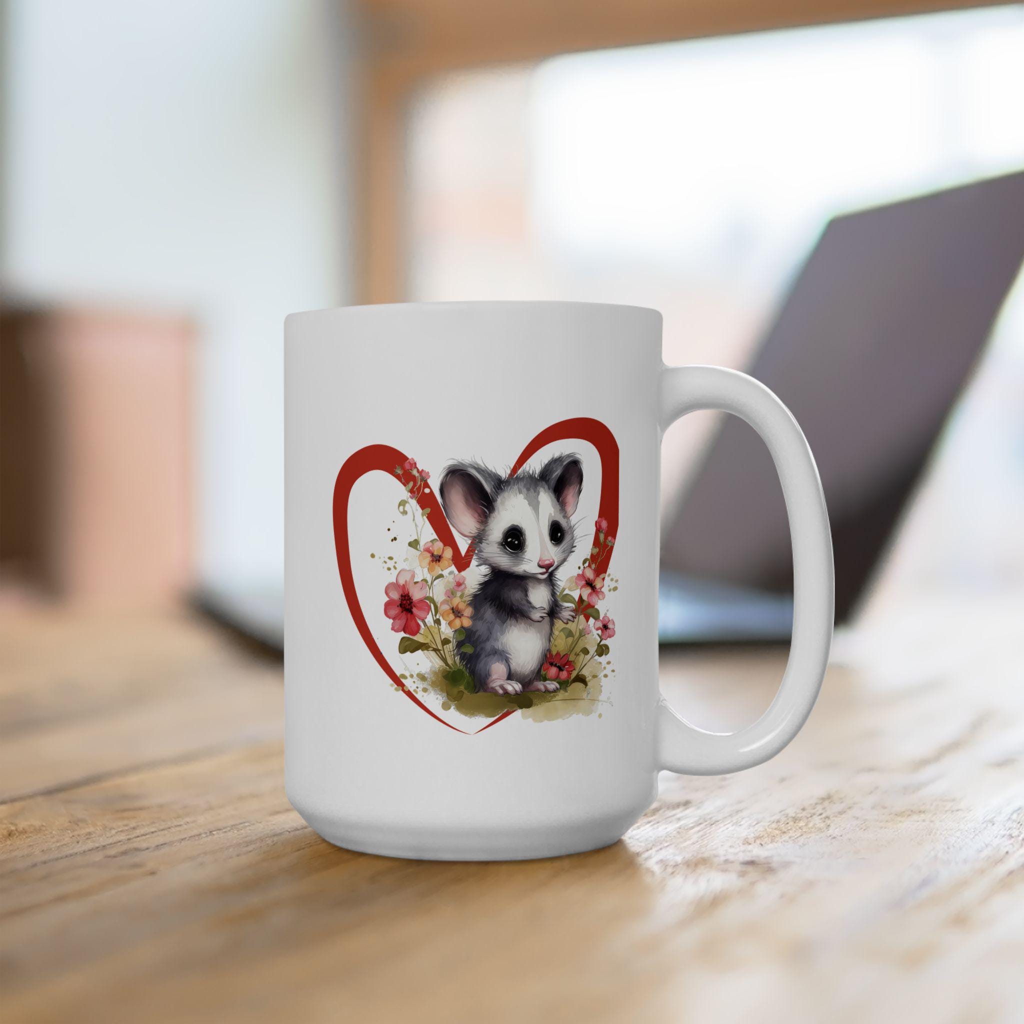 Opossum Ceramic Mug, Cute Floral Heart Opossum Lover Gift, 11oz 15oz Coffee Cup, Animal Wildlife Tea Mug, Gift for Nature Enthusiasts