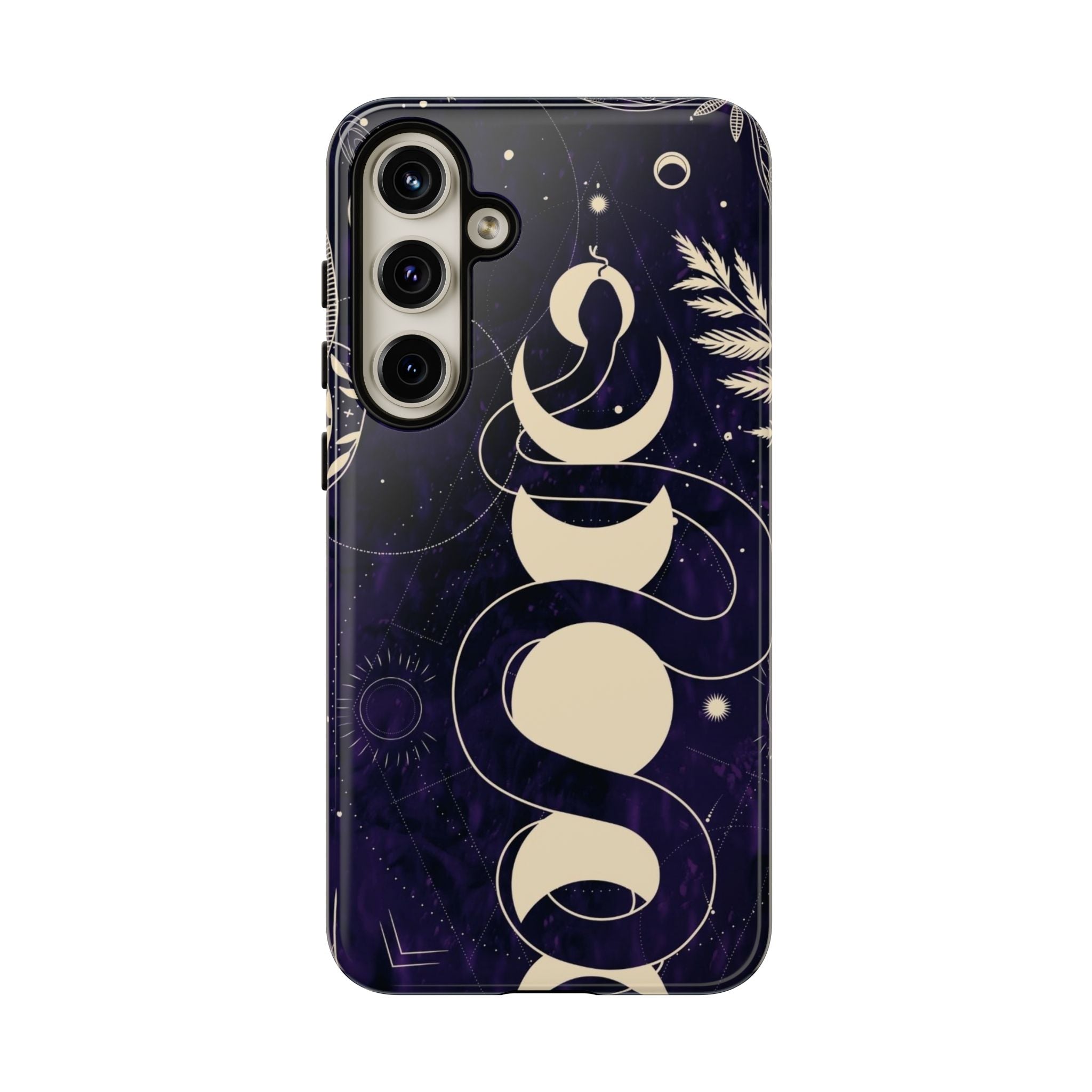 Dark Violet Phone Case with Lunar Phases, Snake & Cosmic Motifs | Durable and Stylish, Perfect for Astrology Lovers