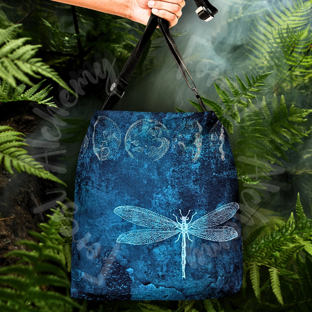 Mystic Dragonfly Shoulder Bag: Adjustable Tote for Stylish Nature Enthusiasts | Moon Phase Faerie Market Tote | Forest Aesthetic