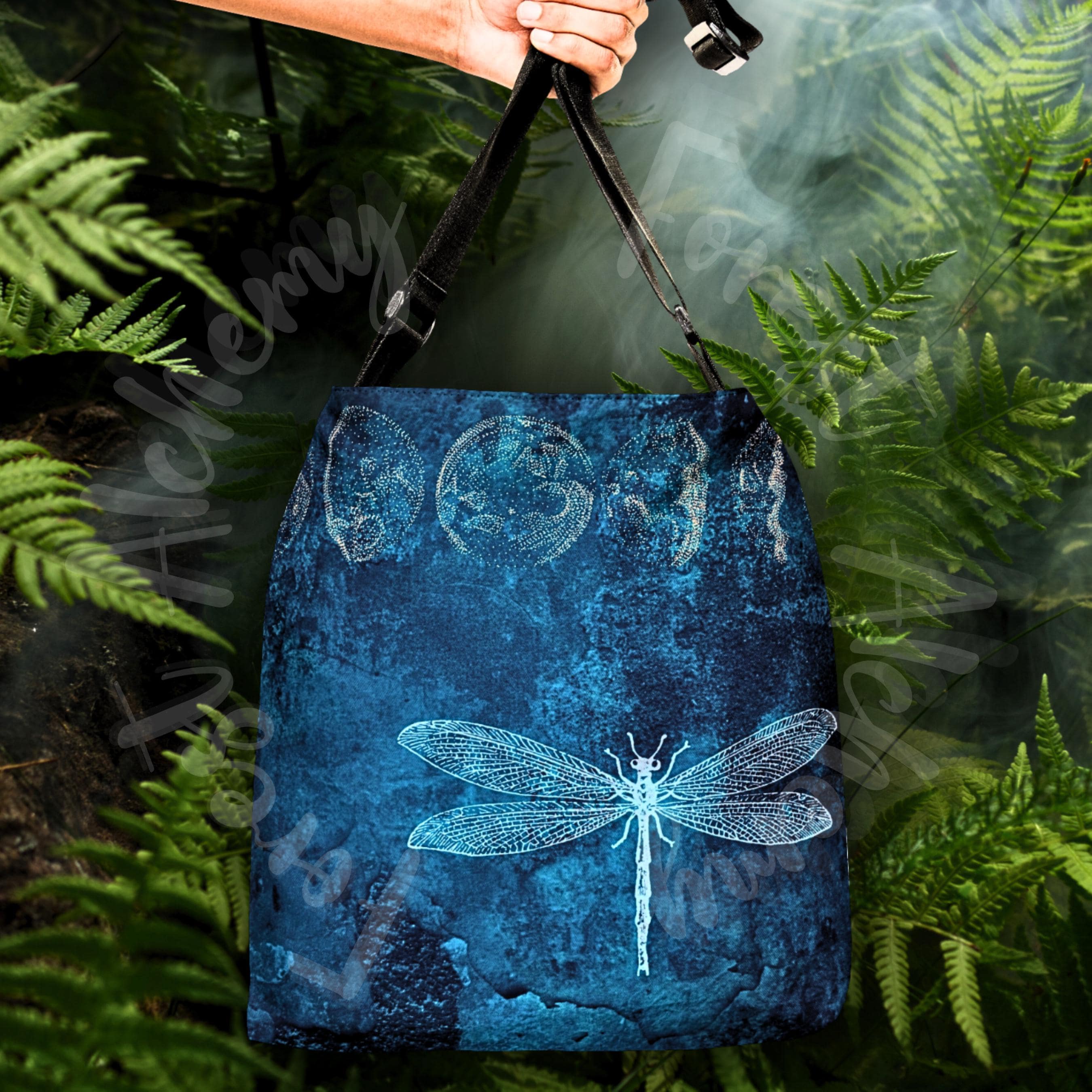 Mystic Dragonfly Shoulder Bag: Adjustable Tote for Stylish Nature Enthusiasts | Moon Phase Faerie Market Tote | Forest Aesthetic