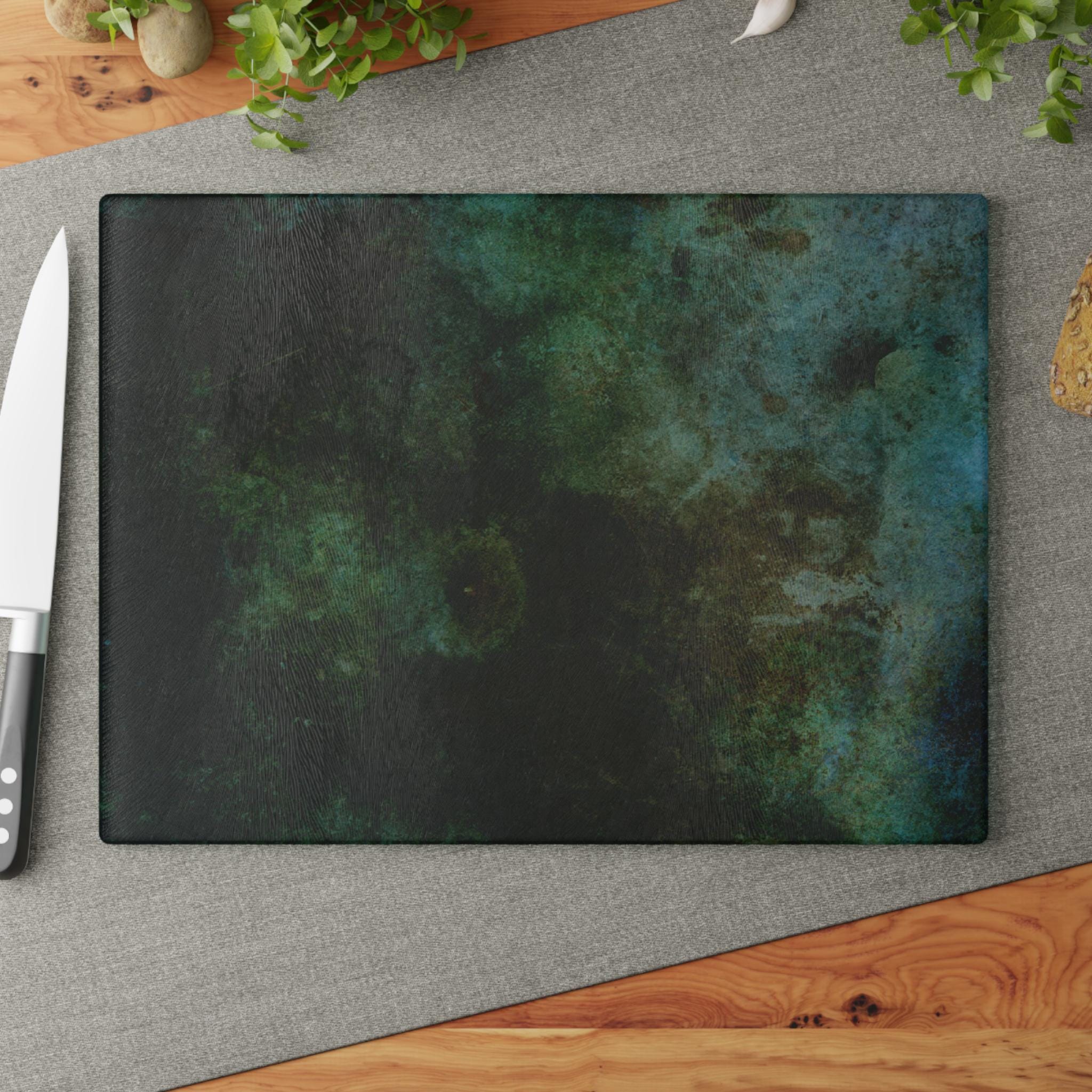Fossil Look Glass Cutting Board: Deep Green & Blue Kitchen Decor