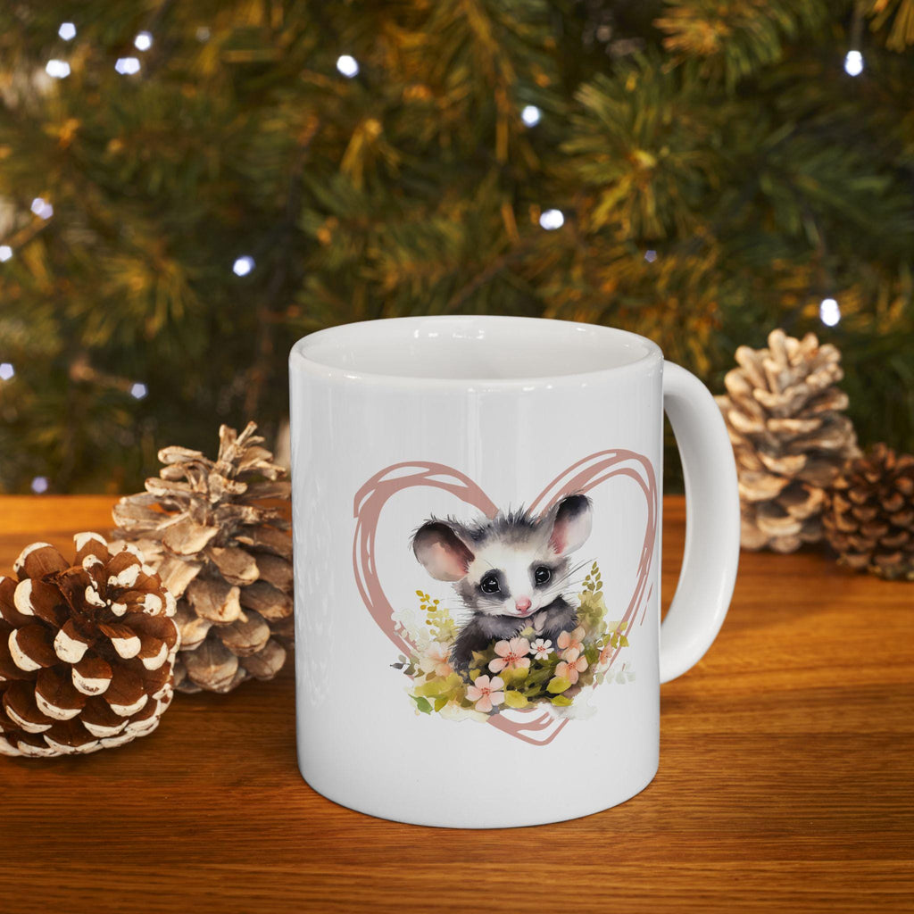 Opossum Ceramic Mug, Cute Floral Heart Opossum Lover Gift, 11oz 15oz Coffee Cup, Animal Wildlife Tea Mug, Gift for Nature Enthusiasts