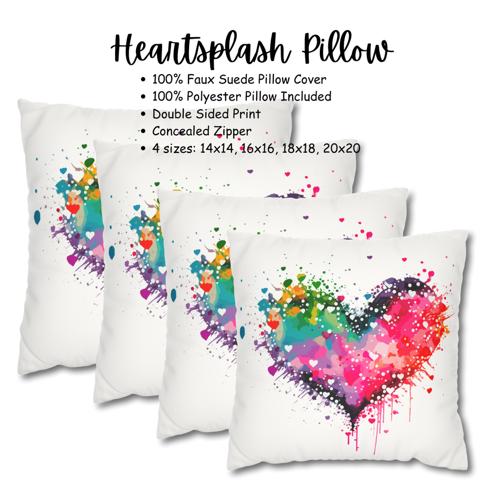 Watercolor Heart Splash Faux Suede Square Pillow