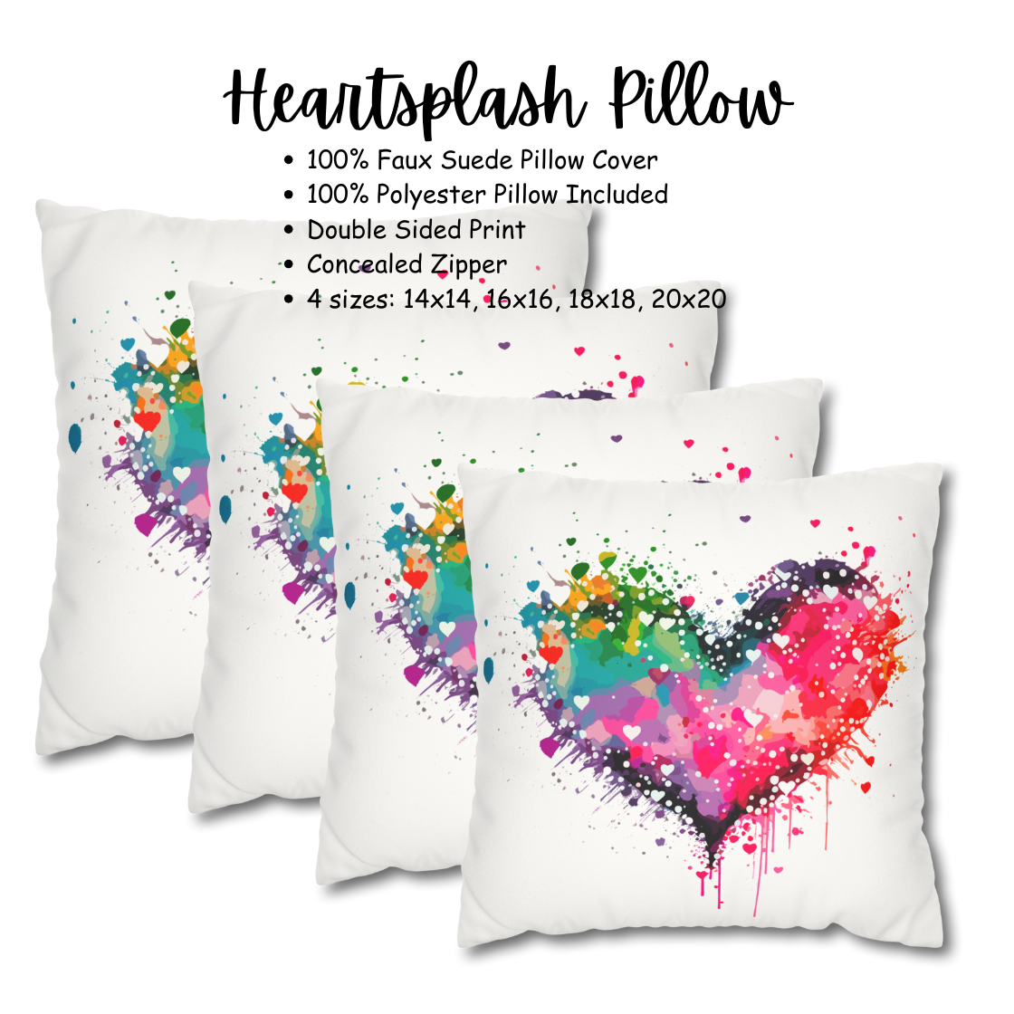 Watercolor Heart Splash Faux Suede Square Pillow