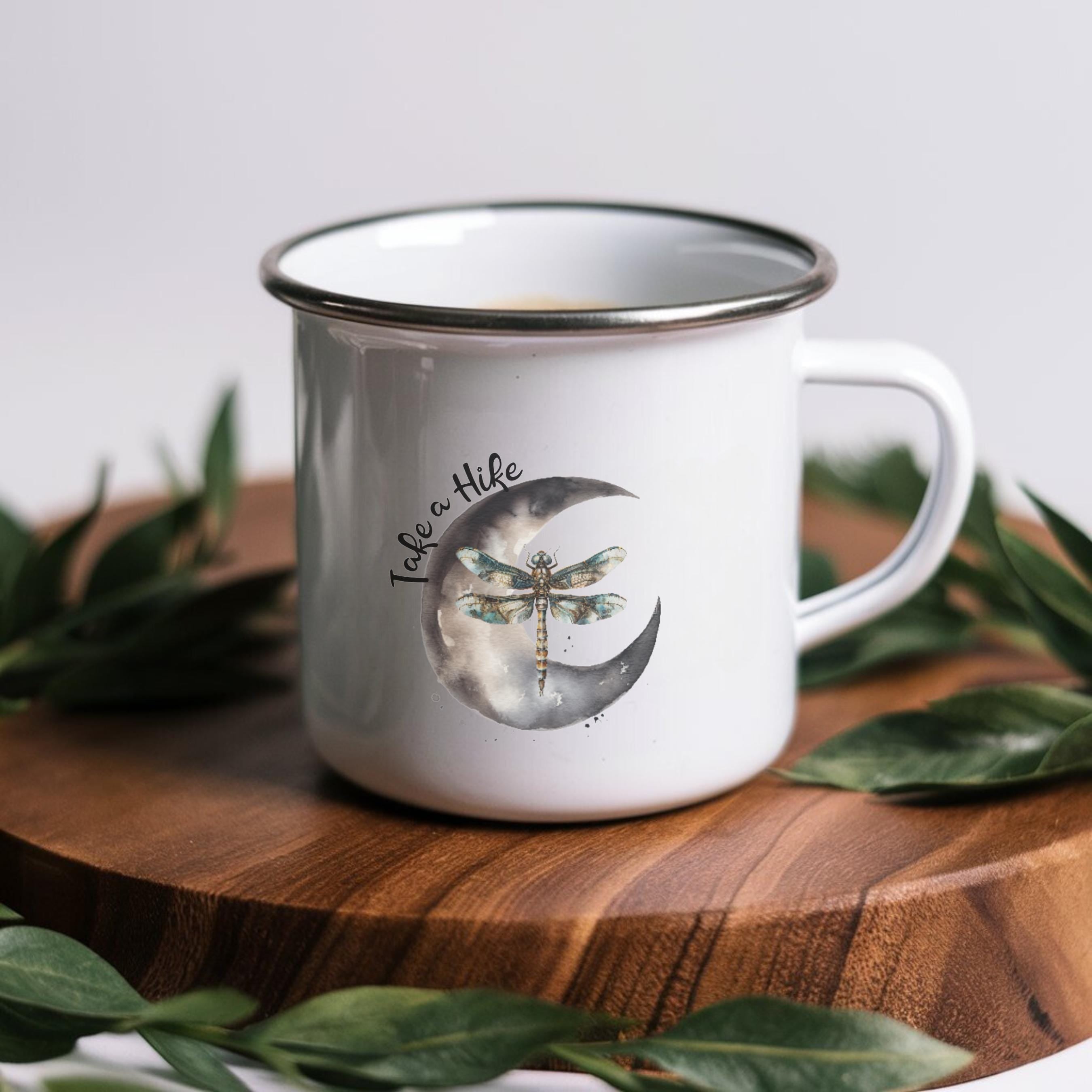 Enamel Camping Mug: Moon, Dragonfly, 'Take a Hike' Design