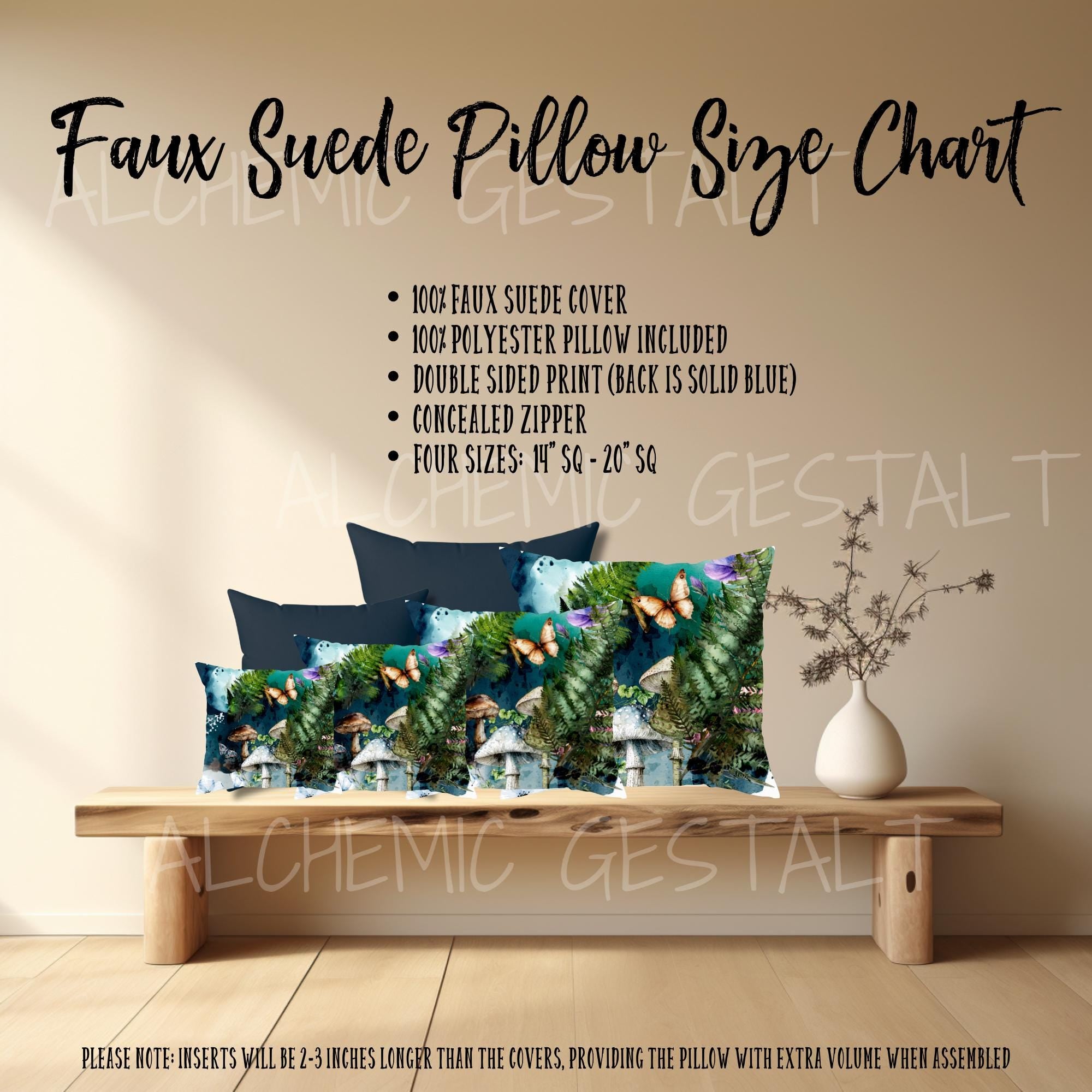 Enchanted Forest Pillow: Faux Suede Fern, Mushroom & Butterfly Design