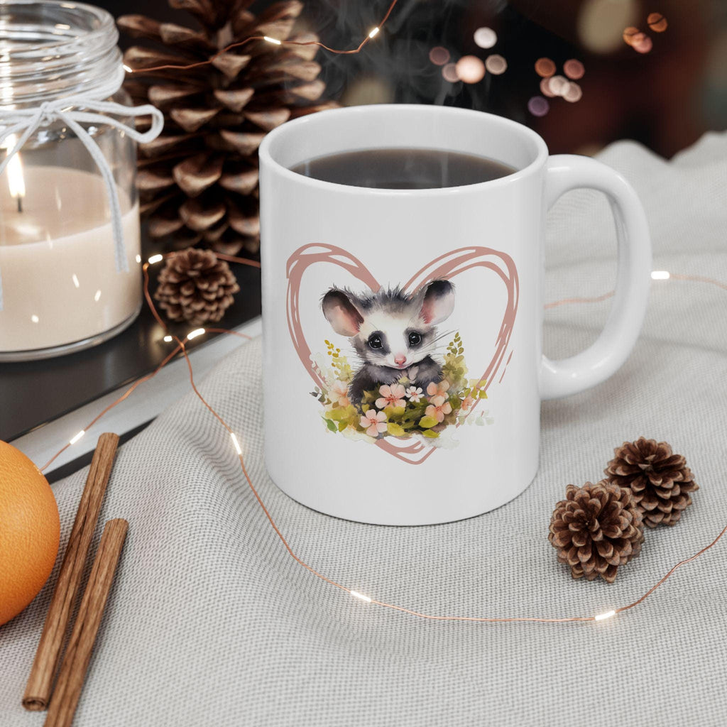 Opossum Ceramic Mug, Cute Floral Heart Opossum Lover Gift, 11oz 15oz Coffee Cup, Animal Wildlife Tea Mug, Gift for Nature Enthusiasts