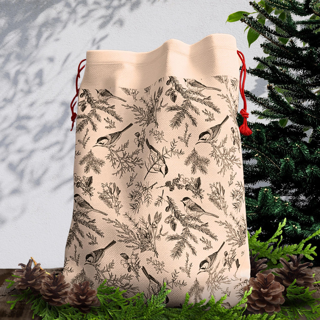 Winter Woodland Birds Reusable Gift Bag | Large Fabric Drawstring Christmas Bag (19.7 x 26 in)